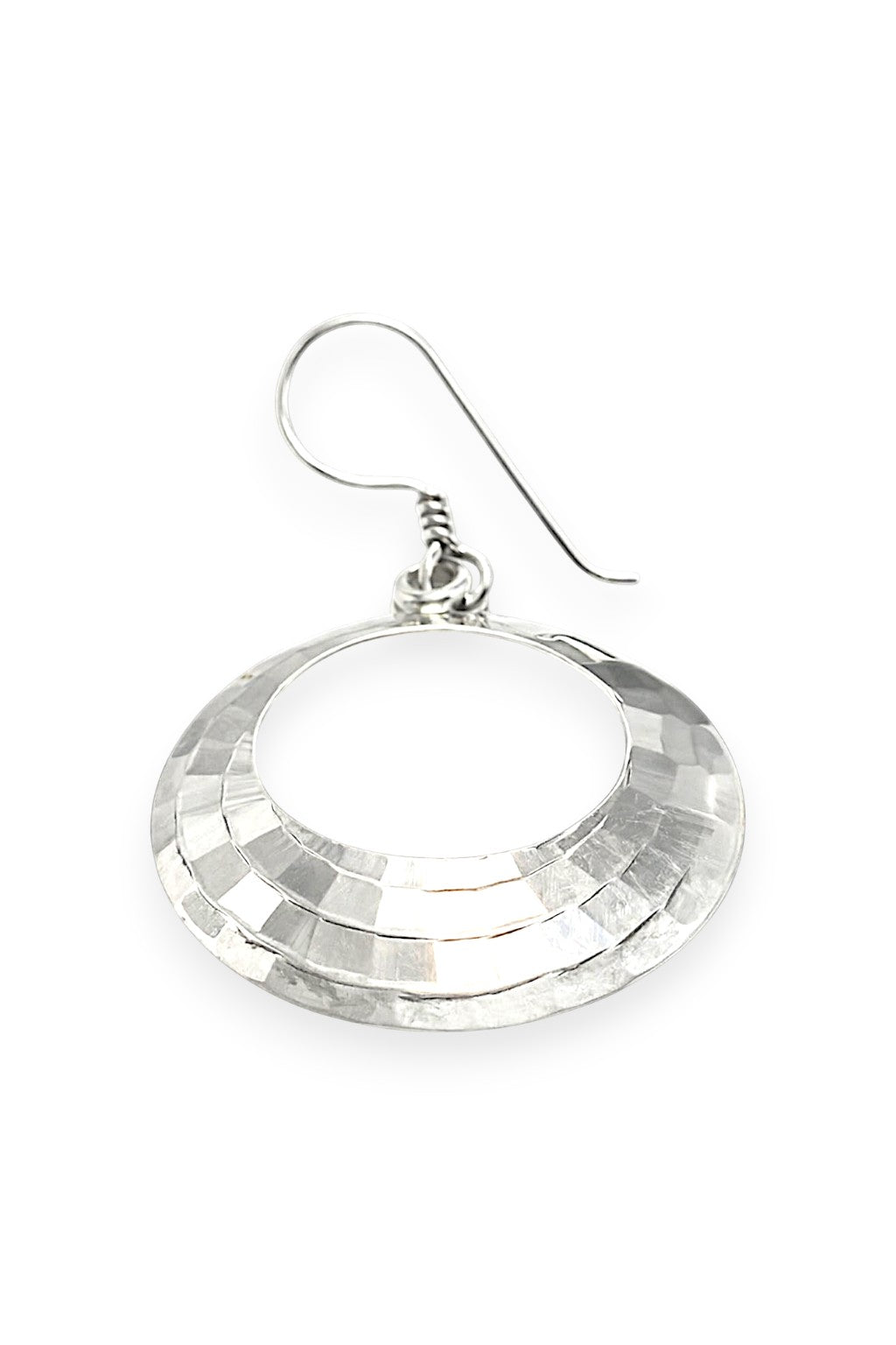 Hammered oval hoop sterling silver earring with a unique textured design and elegant shine.
