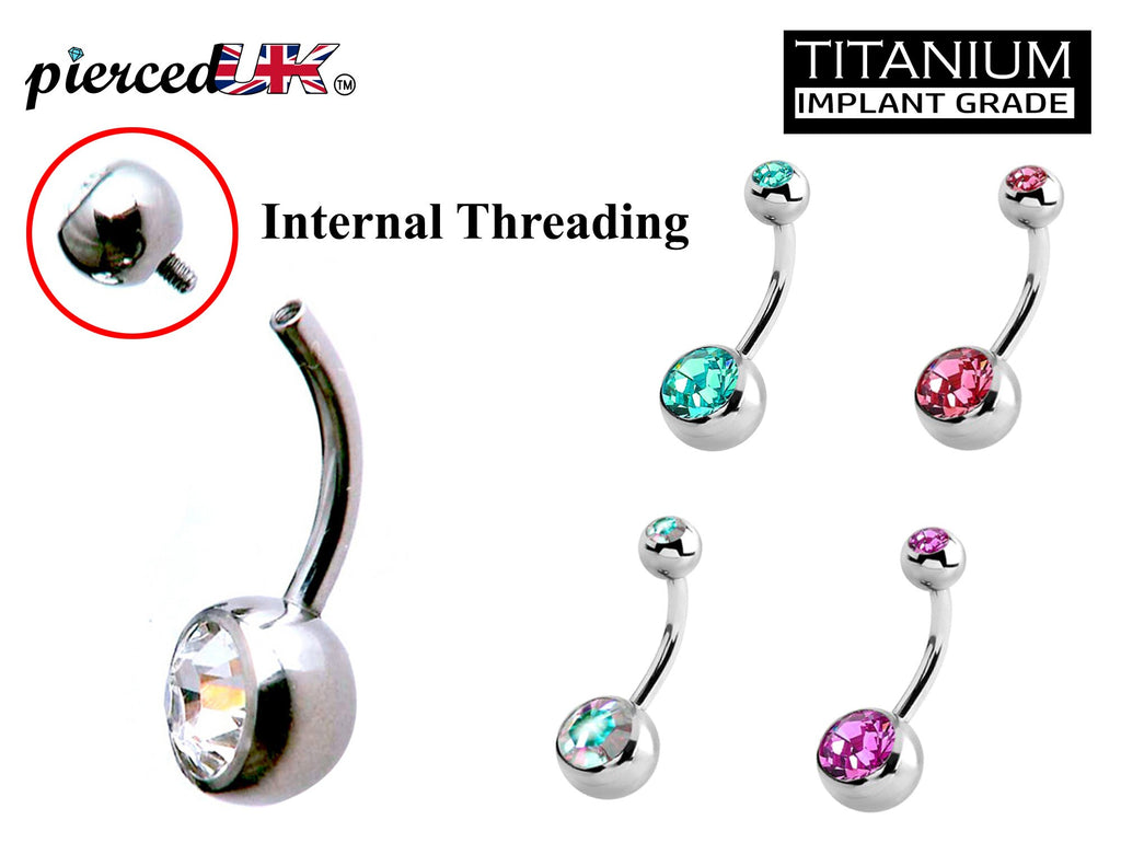 Titanium Internally Threaded Belly Ring: Double Gem Navel Jewelry (14g)