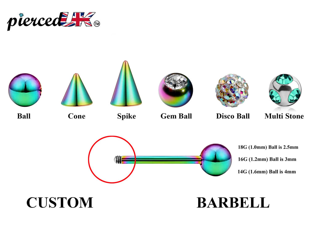 Rainbow Surgical Steel Barbell Stud: Industrial Piercing (18g, 16g, 14g)