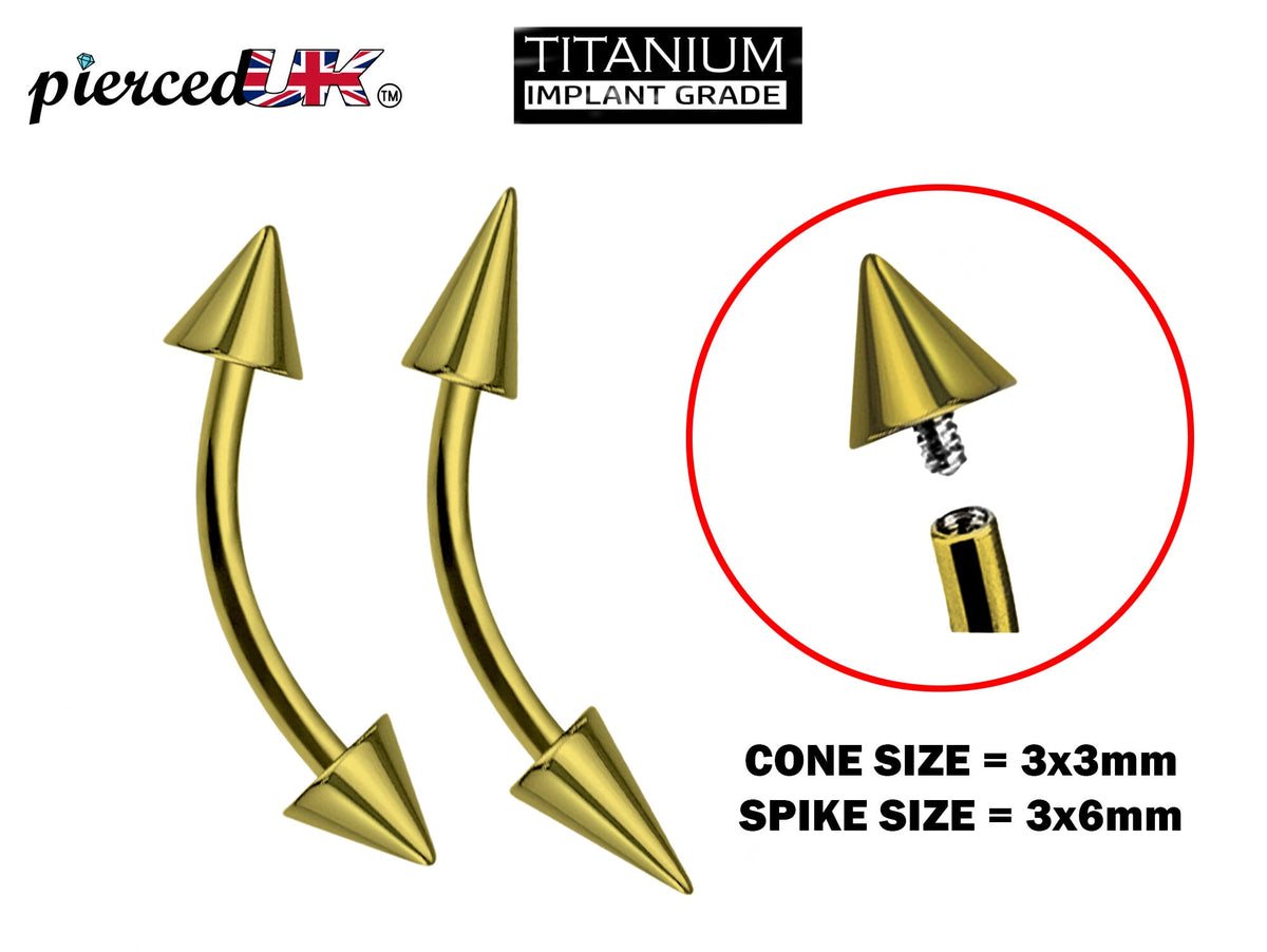 Titanium Gold Eyebrow Barbell: 16g/14g Curved Spike Piercing