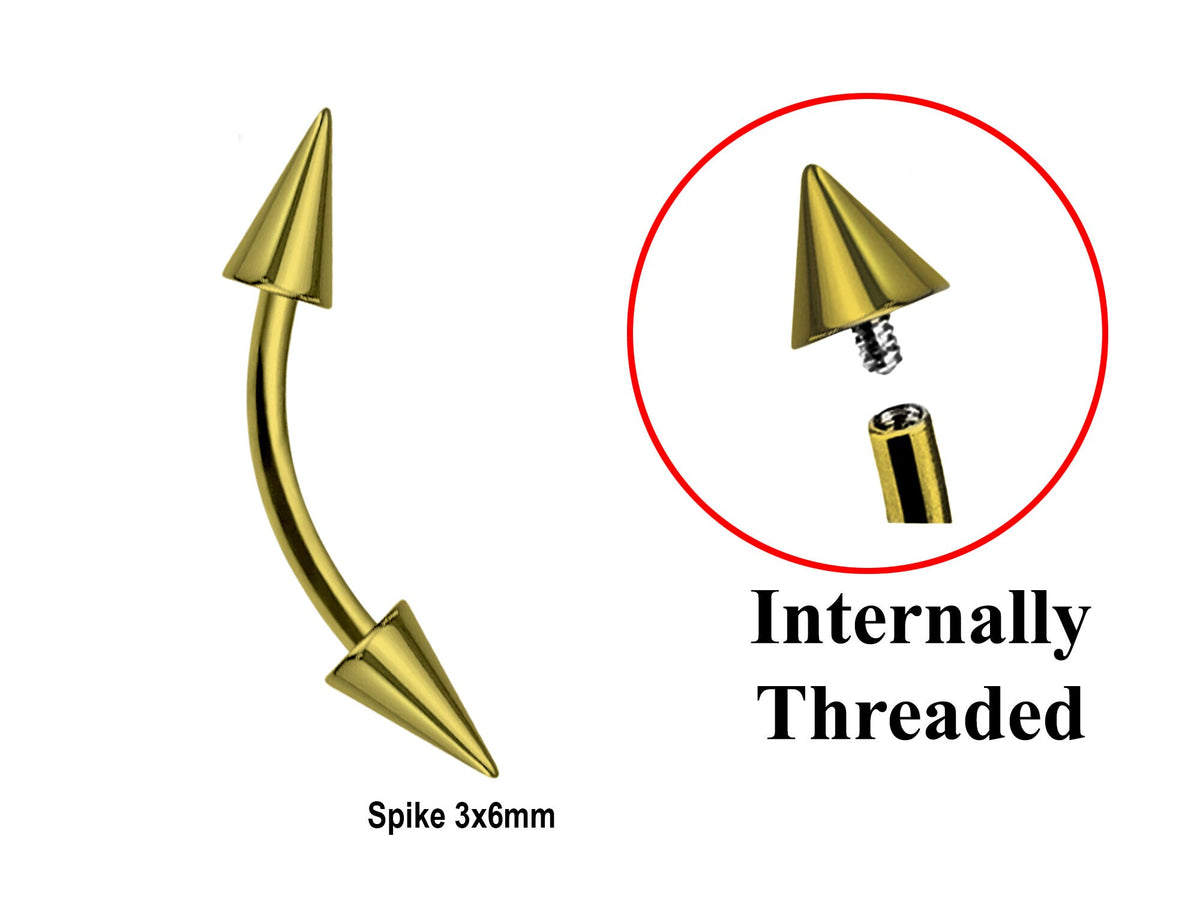 Titanium Gold Eyebrow Barbell: 16g/14g Curved Spike Piercing