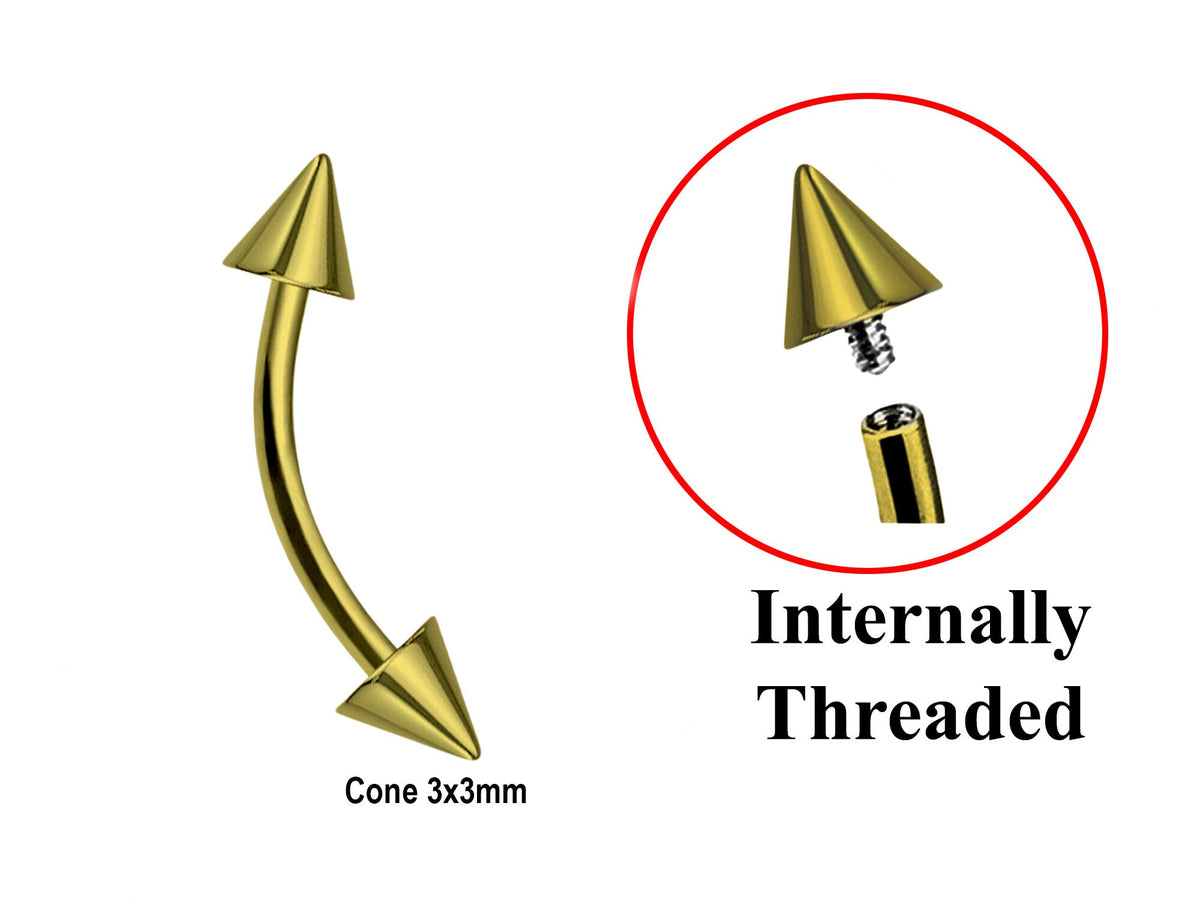 Titanium Gold Eyebrow Barbell: 16g/14g Curved Spike Piercing