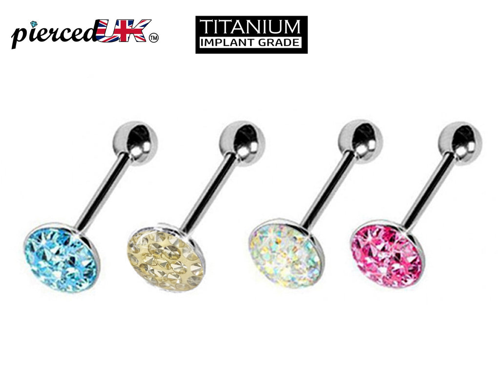 Titanium Tongue Barbell: 14g CZ Crystal Flat Top Piercing
