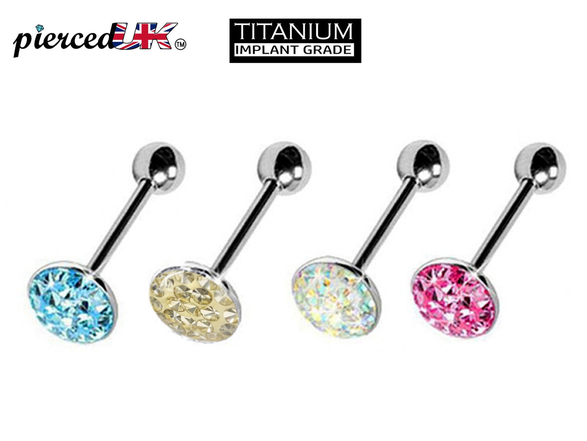Titanium Tongue Barbell: 14g CZ Crystal Flat Top Piercing