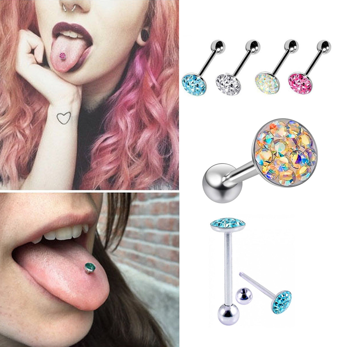 Titanium Tongue Barbell: 14g CZ Crystal Flat Top Piercing