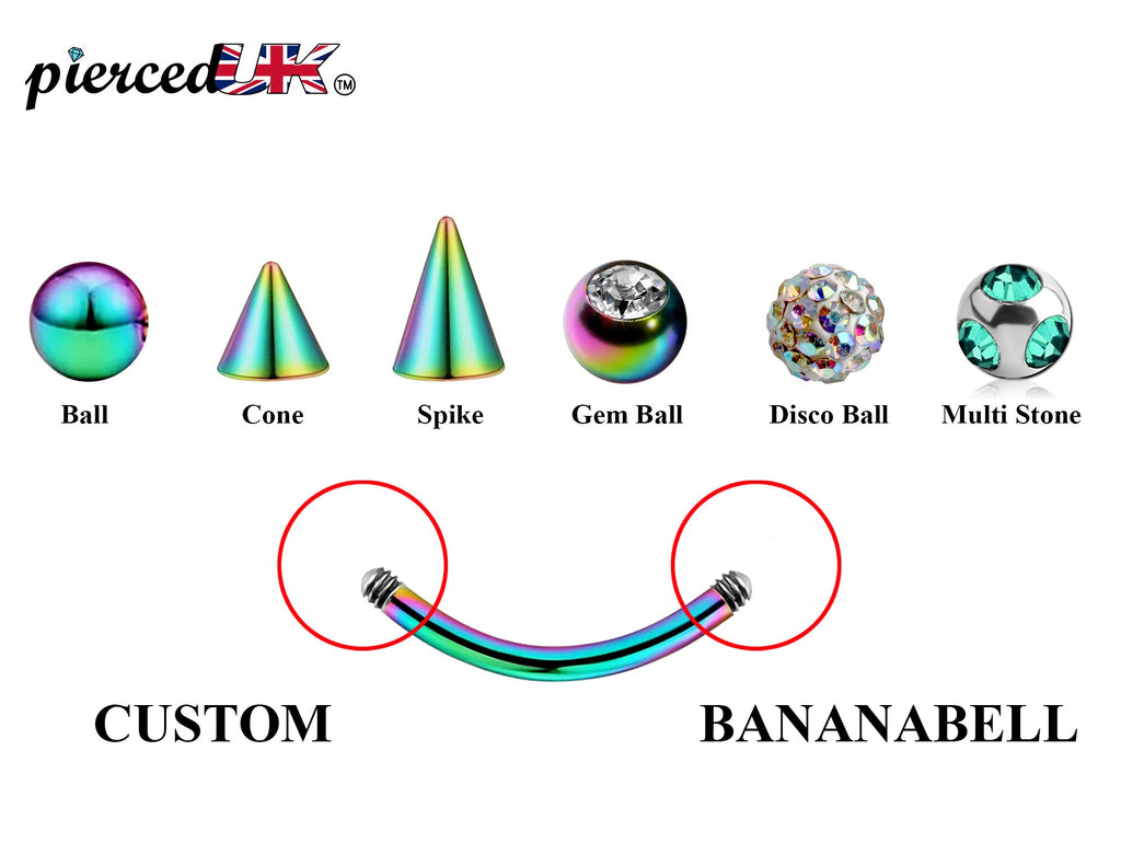 Rainbow Curved Barbell: Surgical Steel Lip, Daith Piercing (18g-14g)