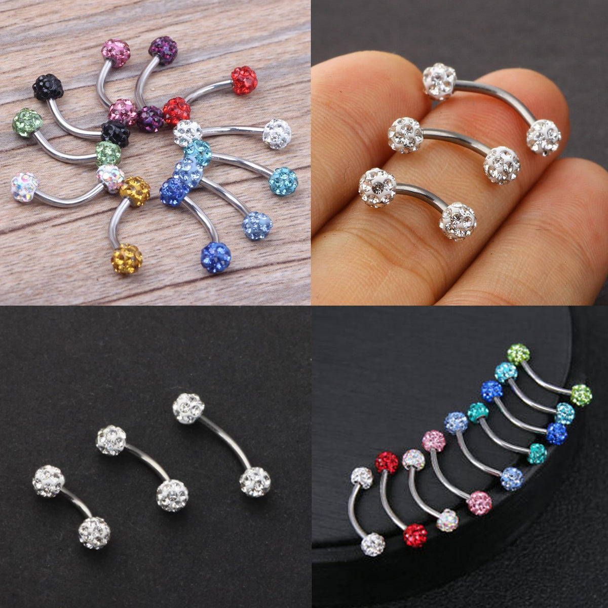 Titanium Daith Piercing: Multi Crystal Ball Curved Barbell