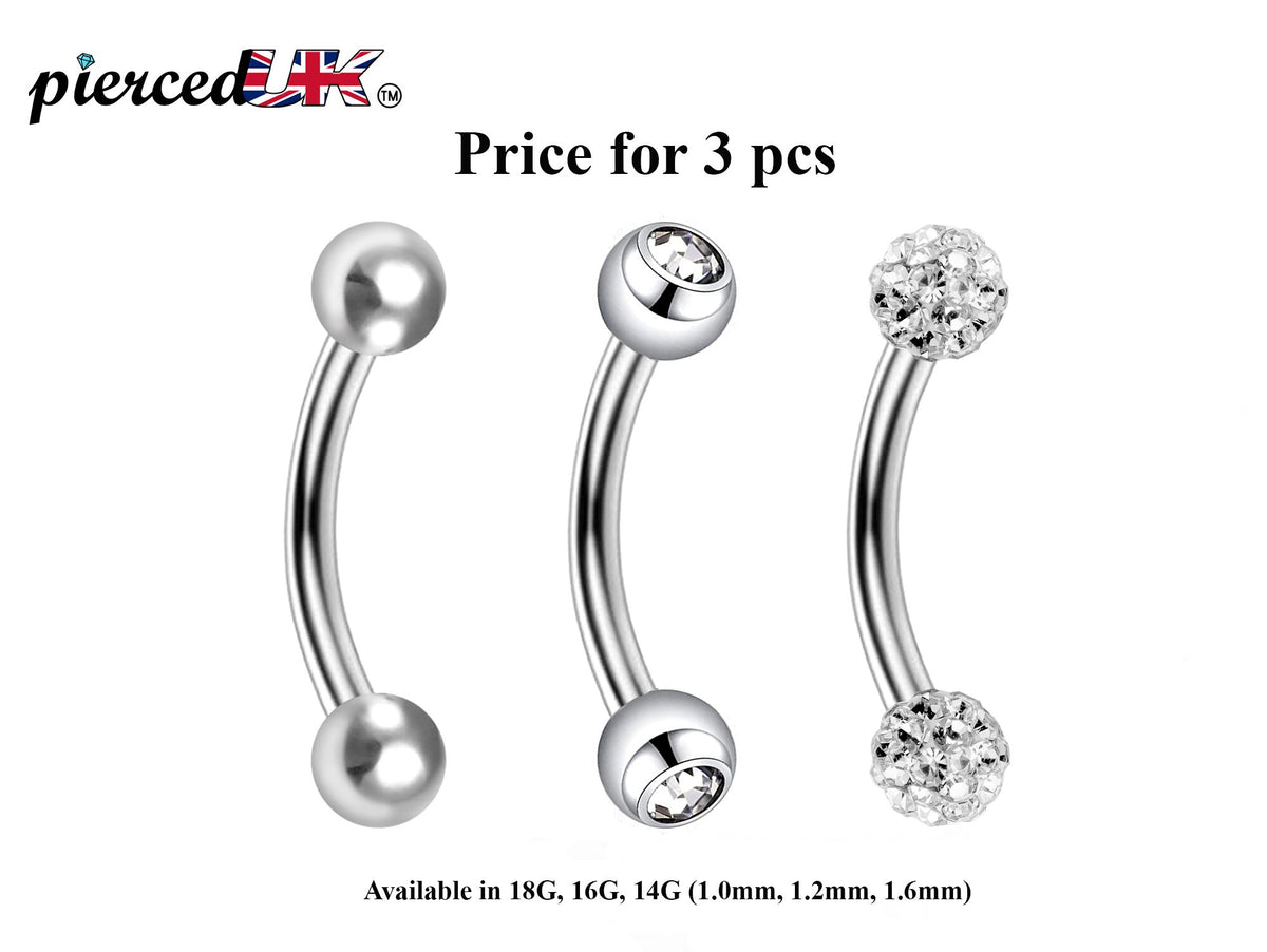 Curved Barbell Daith Piercing: Surgical Steel Bent Barbell Set - Ball, Gem, Disco (3pcs)