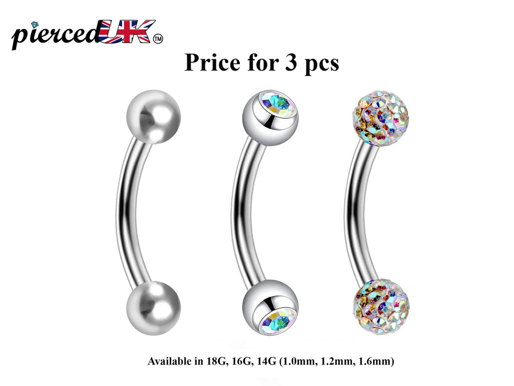 Curved Barbell Daith Piercing: Surgical Steel Bent Barbell Set - Ball, Gem, Disco (3pcs)