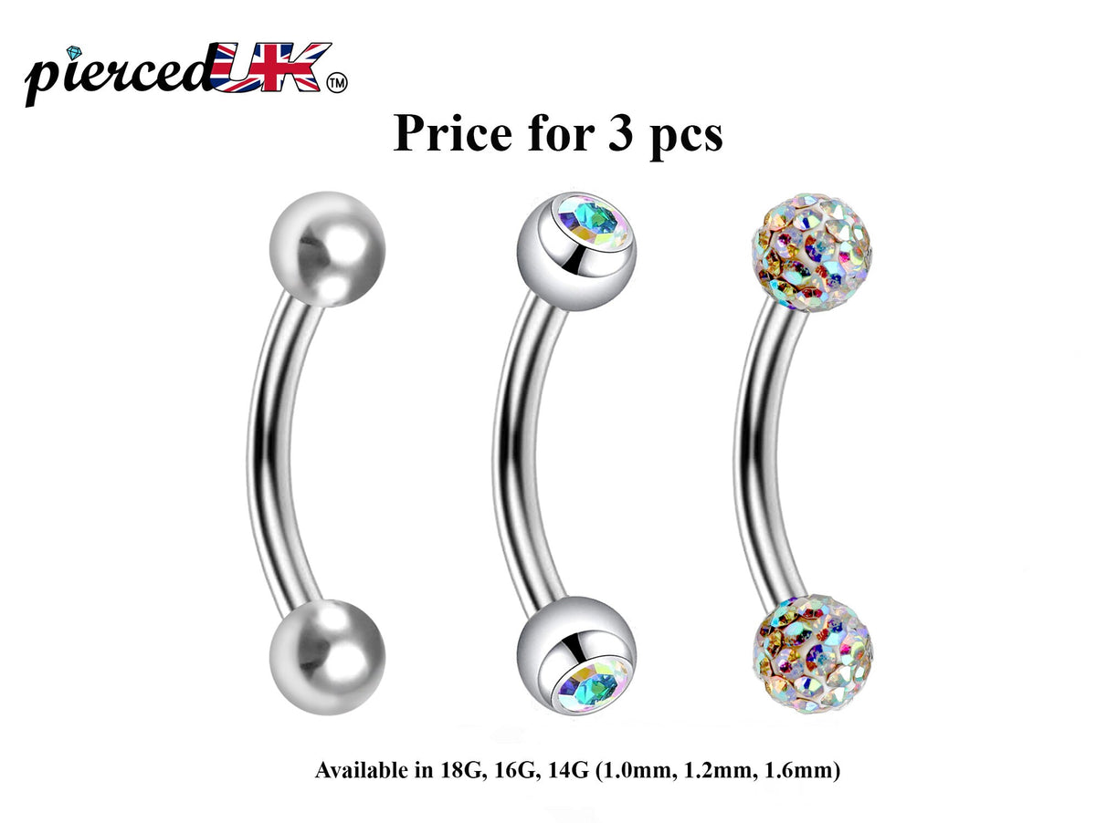 Curved Barbell Daith Piercing: Surgical Steel Bent Barbell Set - Ball, Gem, Disco (3pcs)