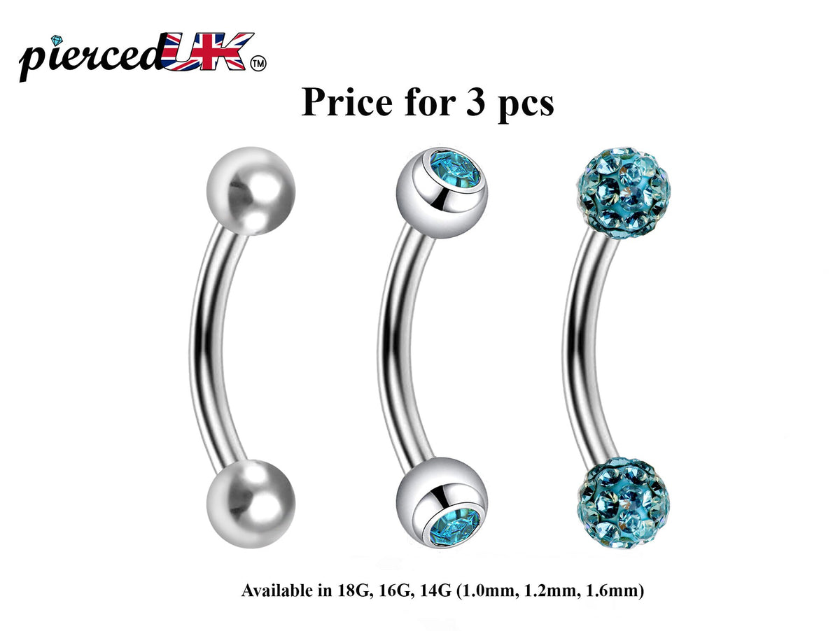 Curved Barbell Daith Piercing: Surgical Steel Bent Barbell Set - Ball, Gem, Disco (3pcs)