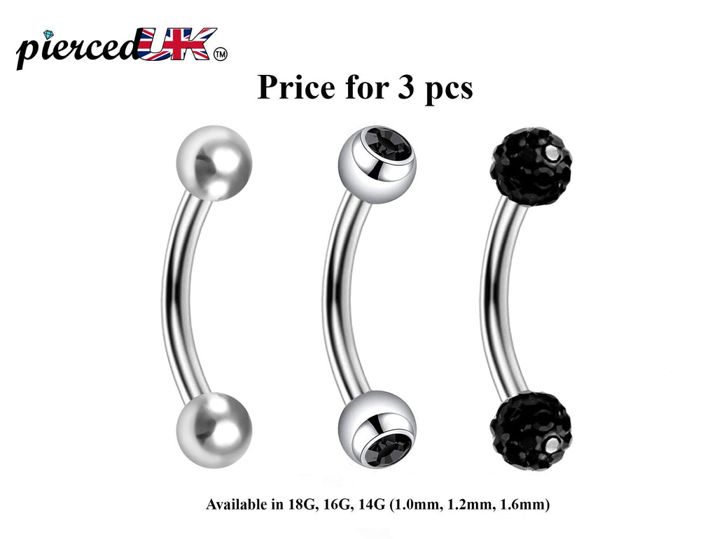 Curved Barbell Daith Piercing: Surgical Steel Bent Barbell Set - Ball, Gem, Disco (3pcs)