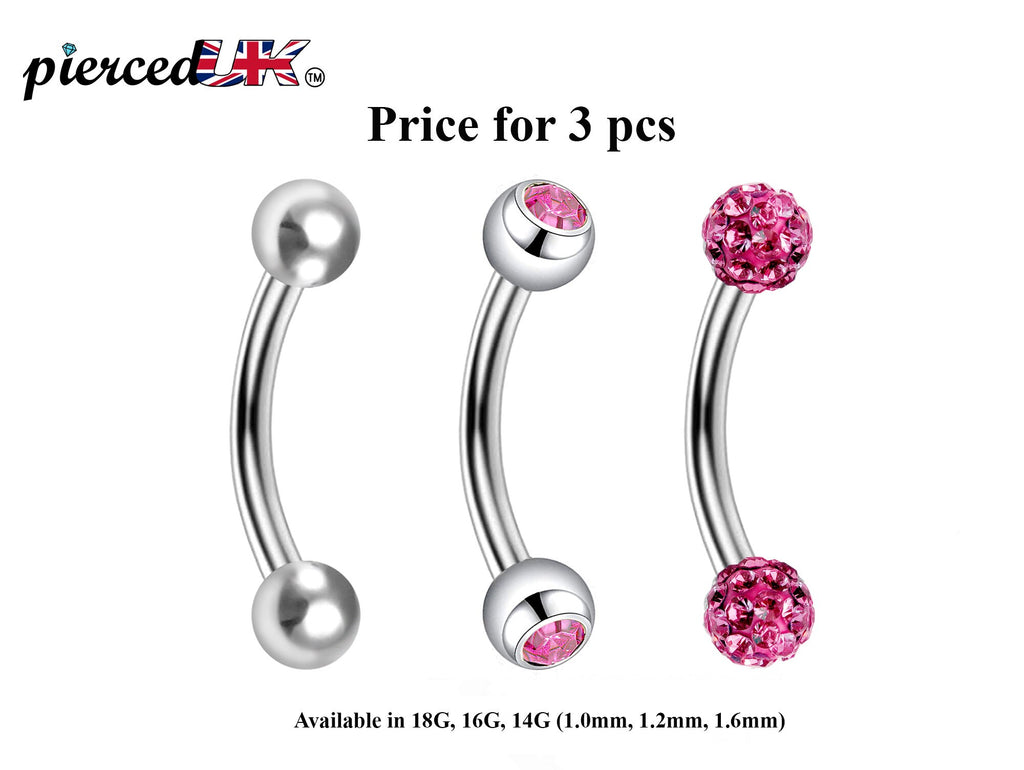 Curved Barbell Daith Piercing: Surgical Steel Bent Barbell Set - Ball, Gem, Disco (3pcs)