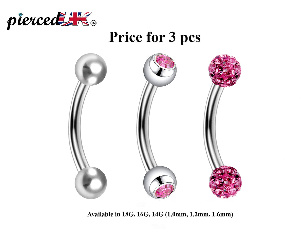 Curved Barbell Daith Piercing: Surgical Steel Bent Barbell Set - Ball, Gem, Disco (3pcs)