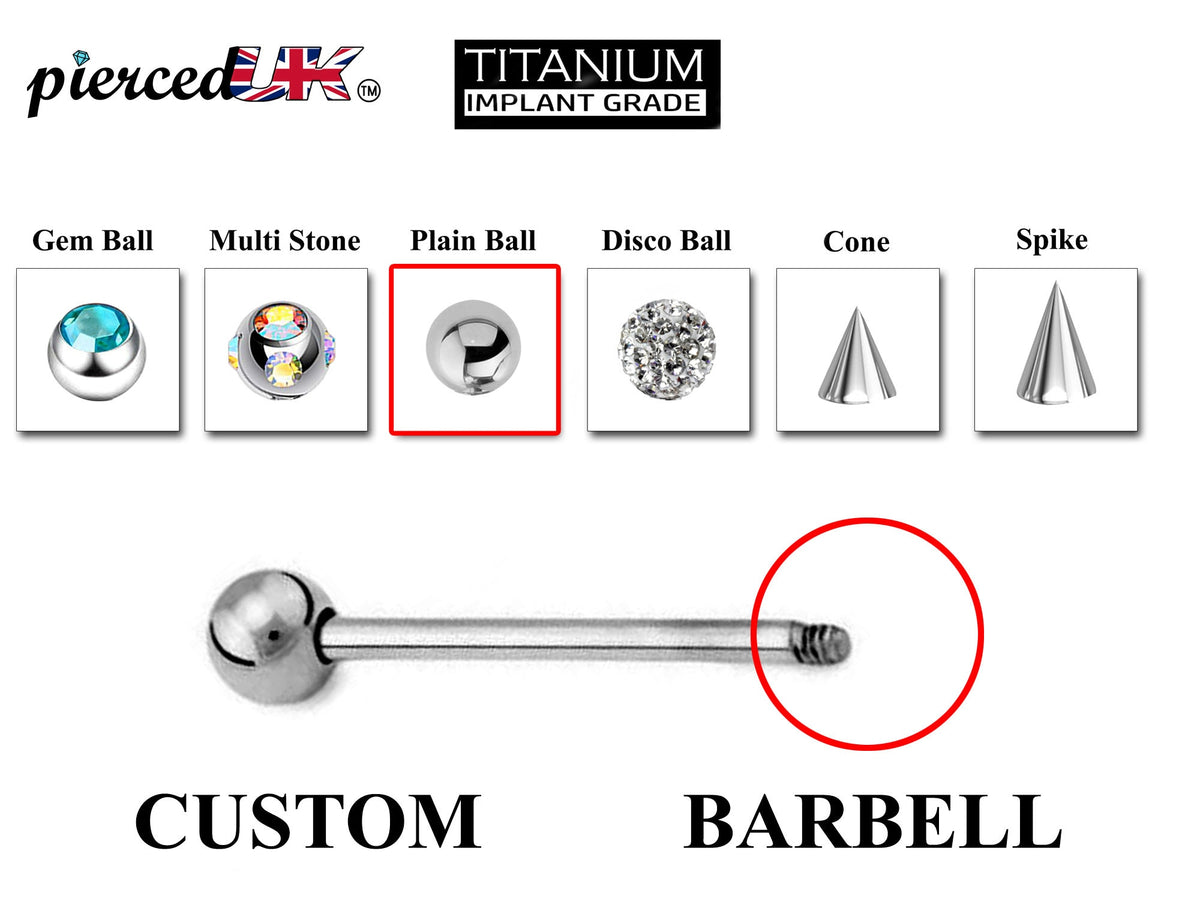 Titanium Industrial Barbell Piercing: Spike, Gem, or Plain Ball (20g-14g)