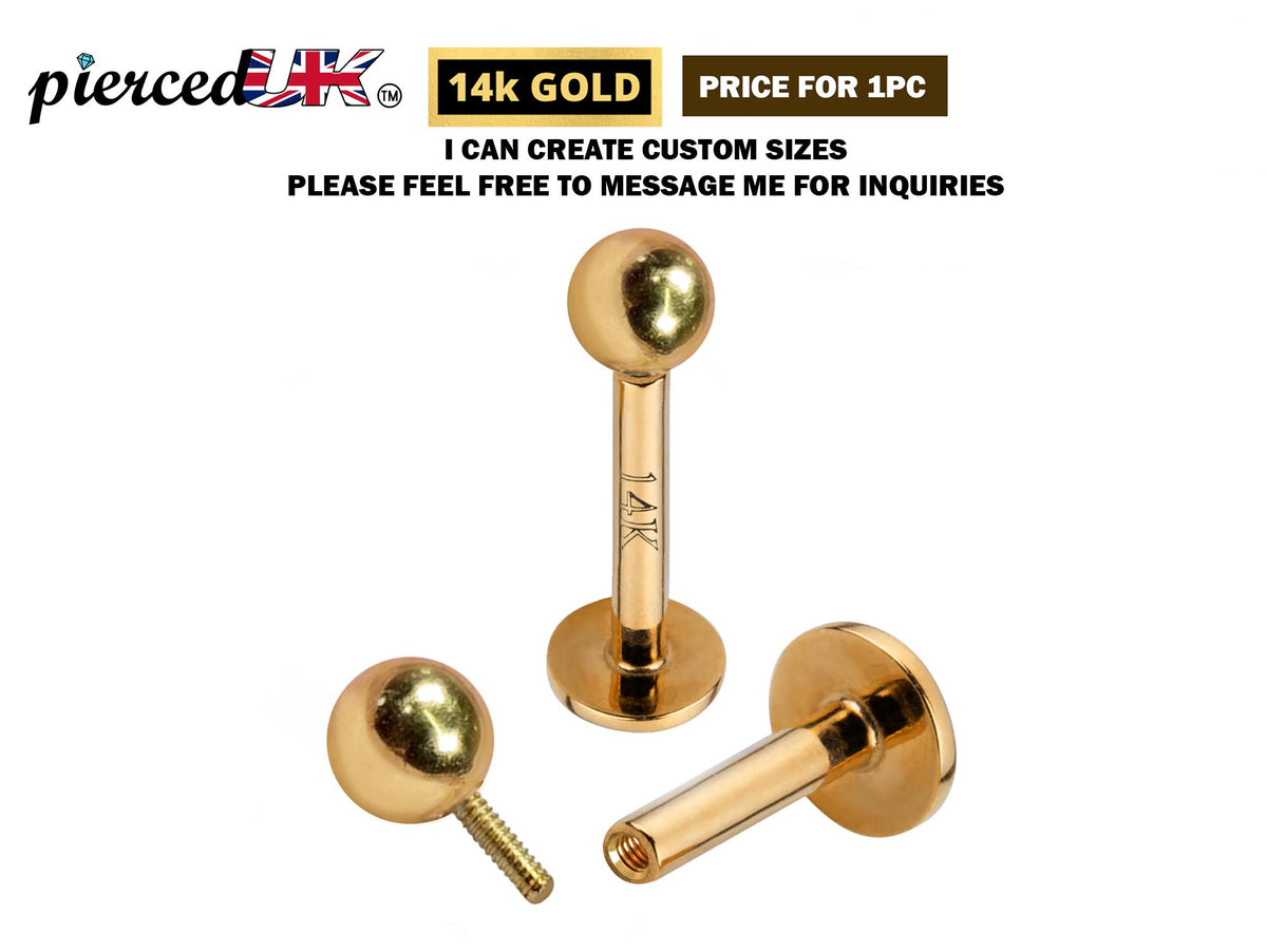 14K Gold Internal Thread Labret Stud: Flat Back Body Piercing (16G/14G)