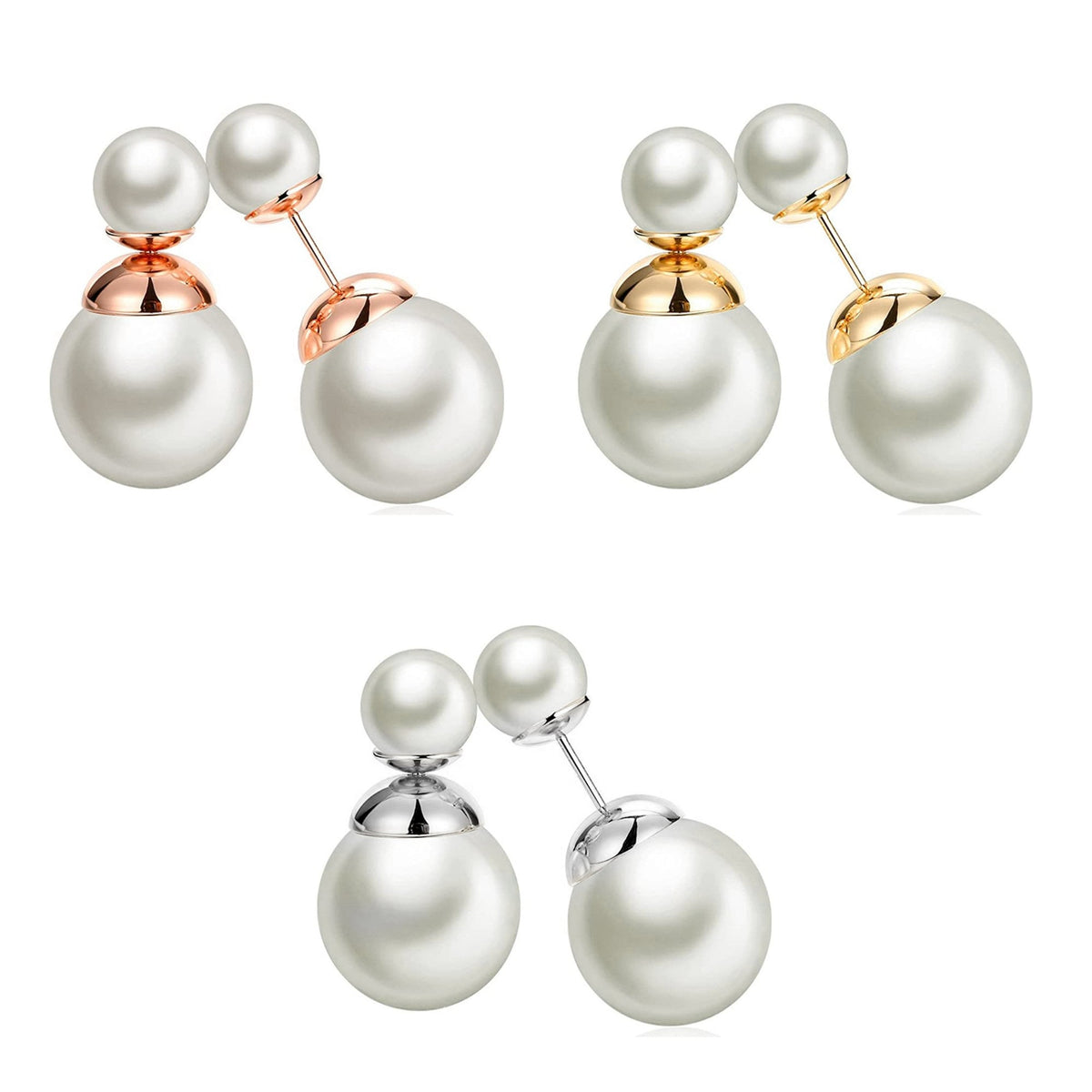 Double Pearl Stud Earrings: Front Back Ear Jacket - Silver, Gold, Rose Gold