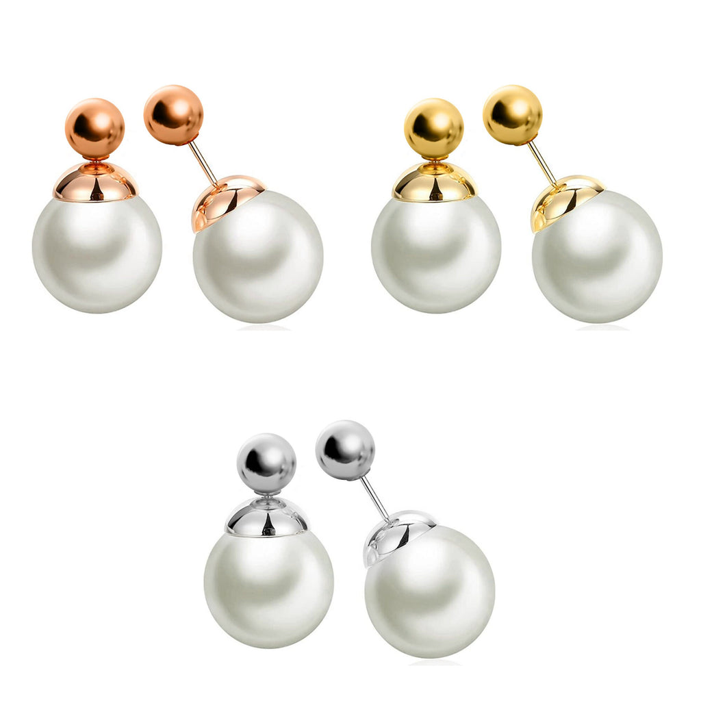 Double Pearl Stud Earrings: Front Back Ear Jacket - Silver, Gold, Rose Gold