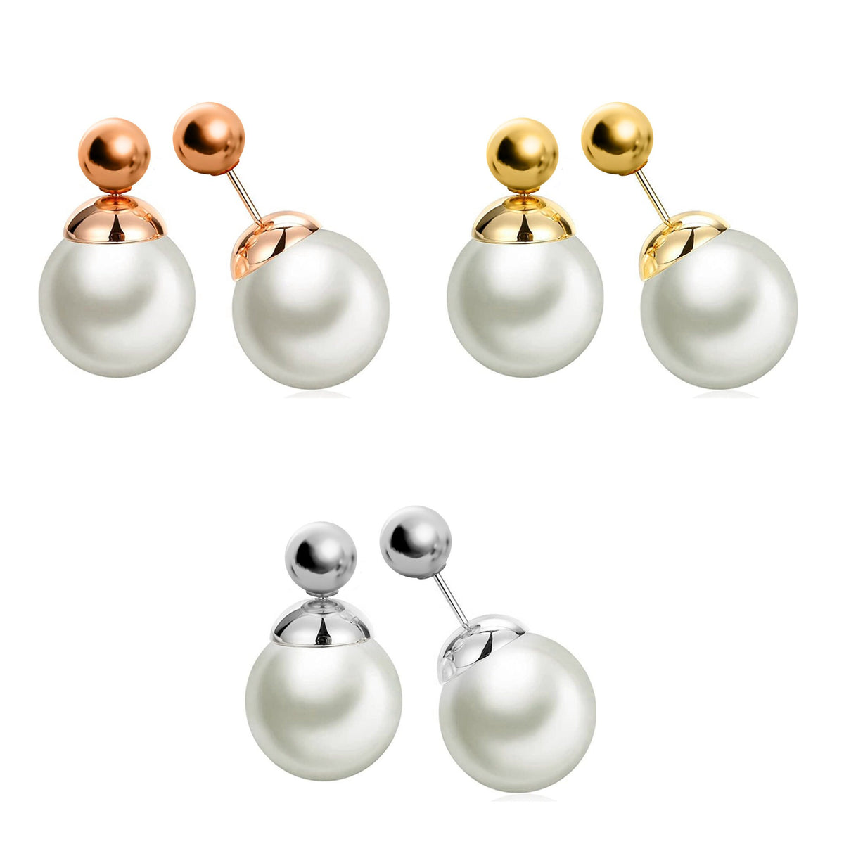 Double Pearl Stud Earrings: Front Back Ear Jacket - Silver, Gold, Rose Gold
