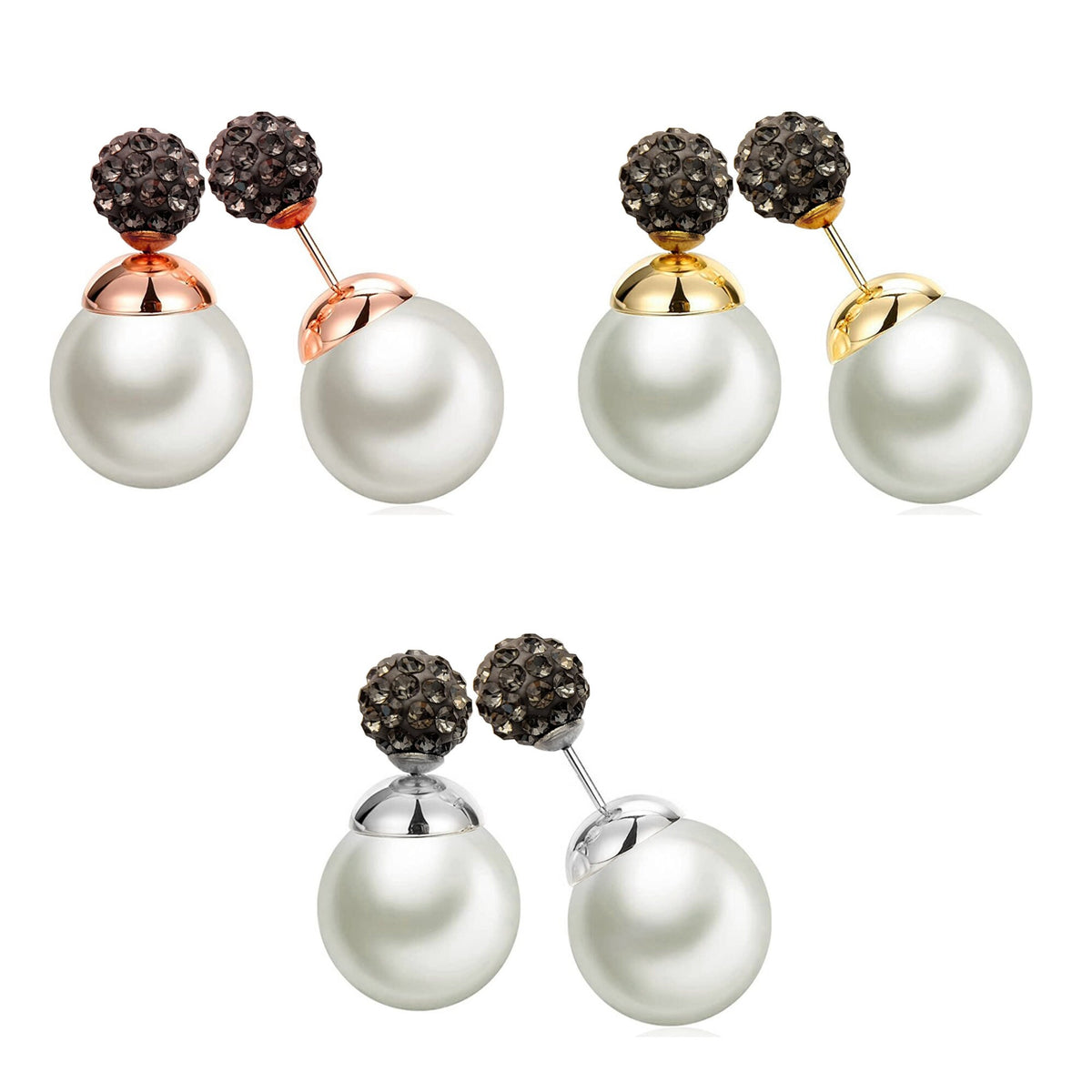 Double Pearl Stud Earrings: Front Back Ear Jacket - Silver, Gold, Rose Gold