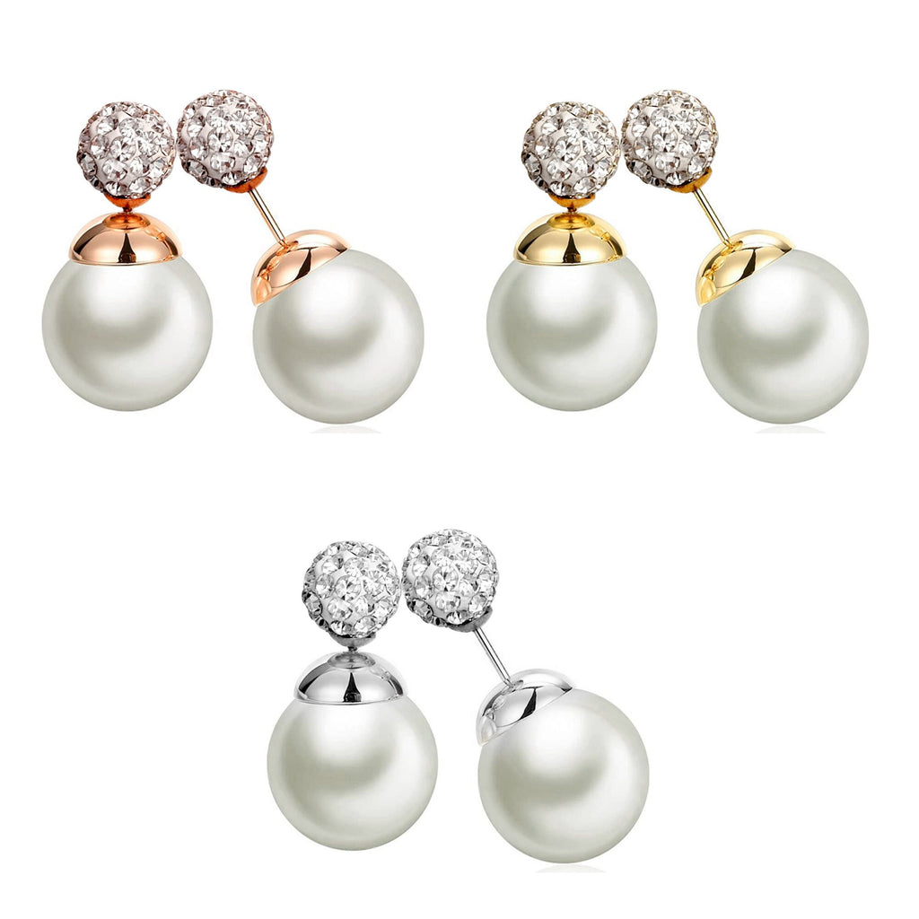 Double Pearl Stud Earrings: Front Back Ear Jacket - Silver, Gold, Rose Gold