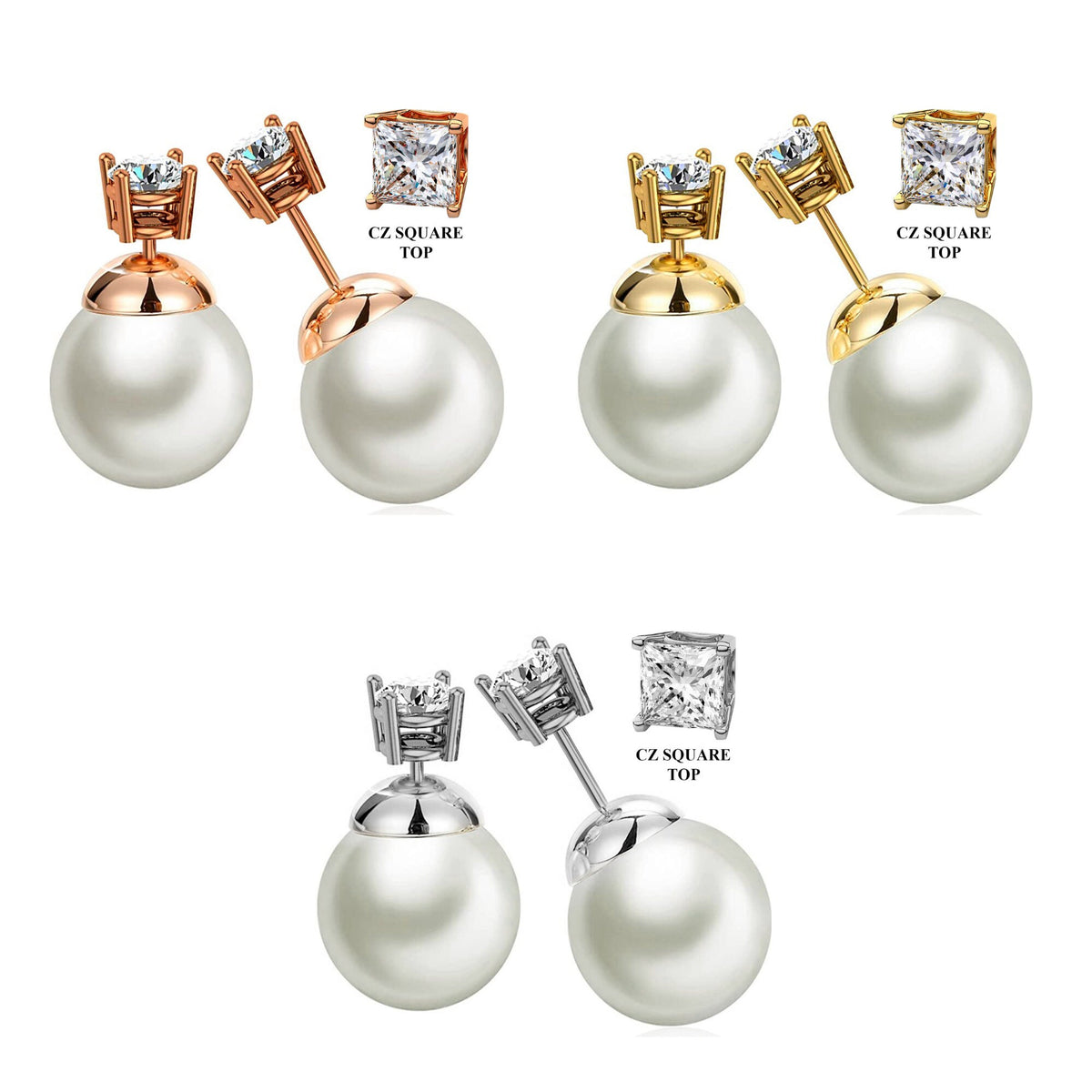 Double Pearl Stud Earrings: Front Back Ear Jacket - Silver, Gold, Rose Gold