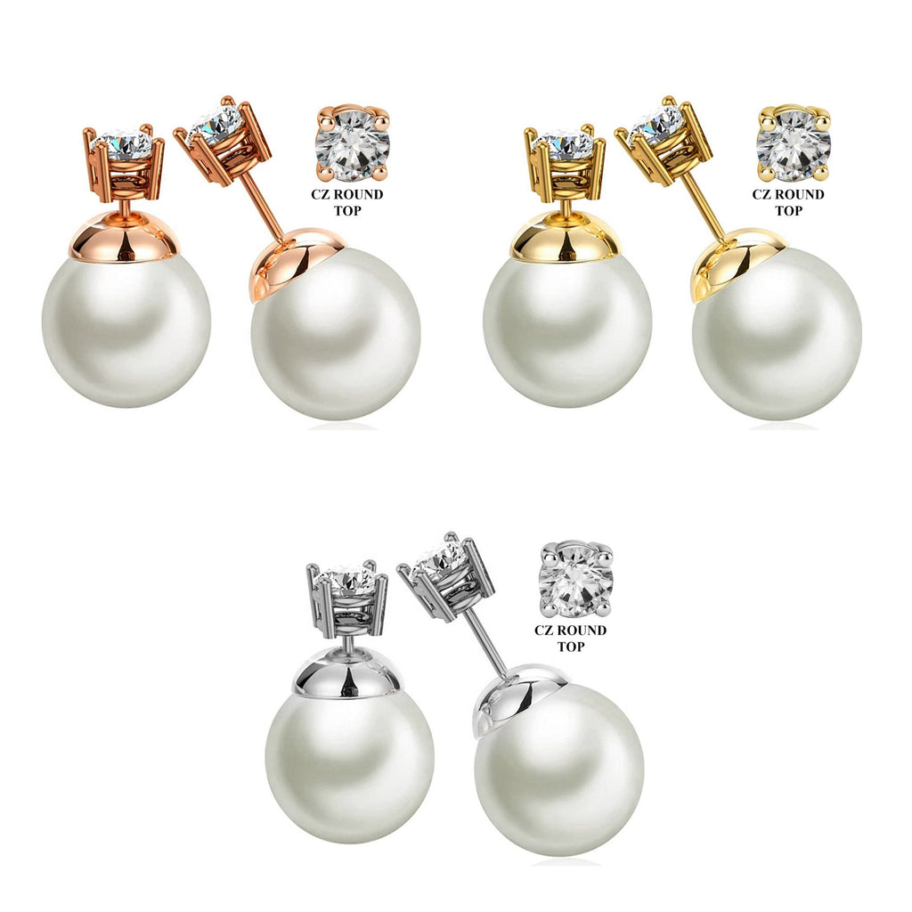 Double Pearl Stud Earrings: Front Back Ear Jacket - Silver, Gold, Rose Gold