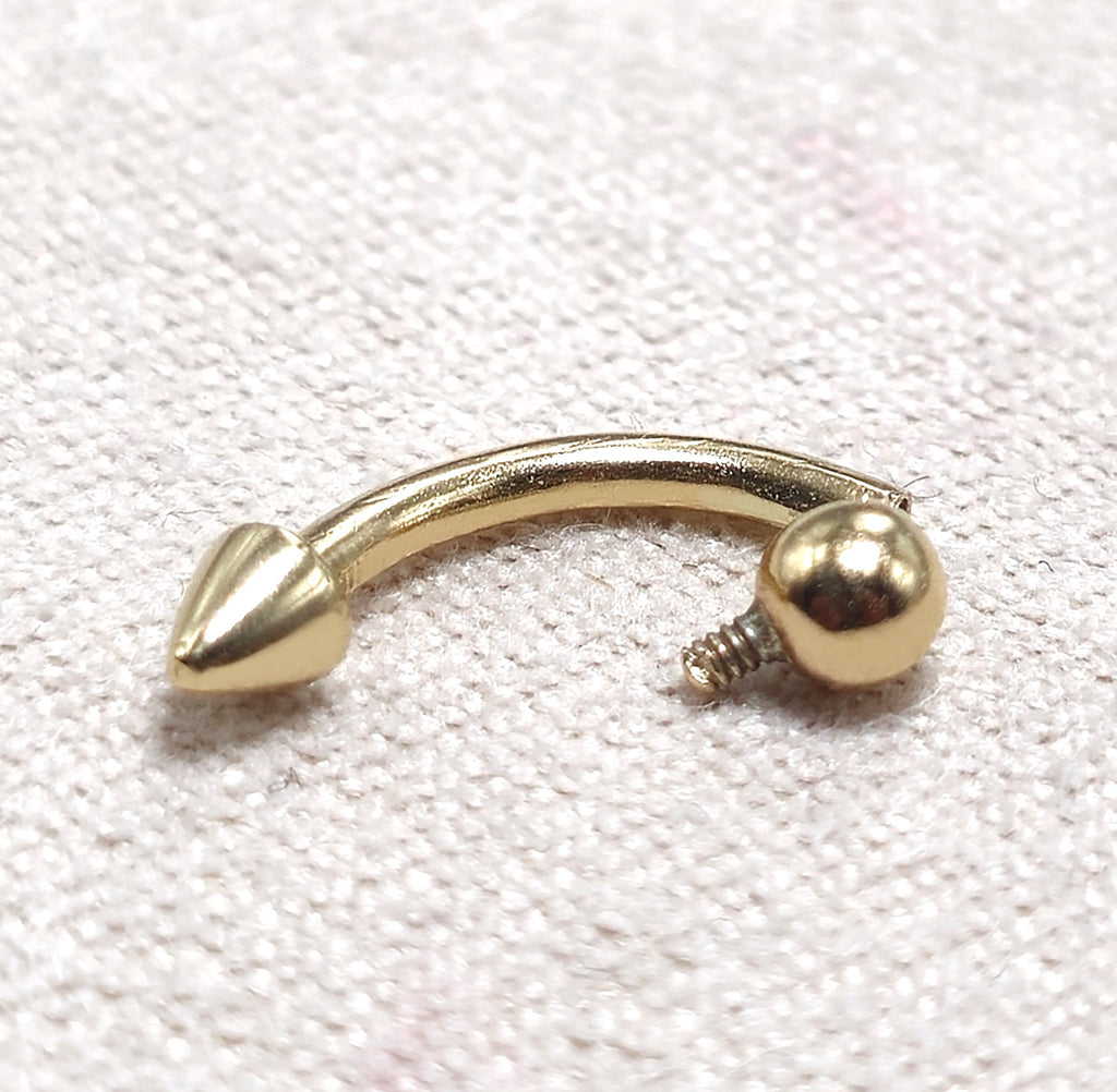 14K Solid Gold Spike Curved Barbell: Vertical Labret Piercing
