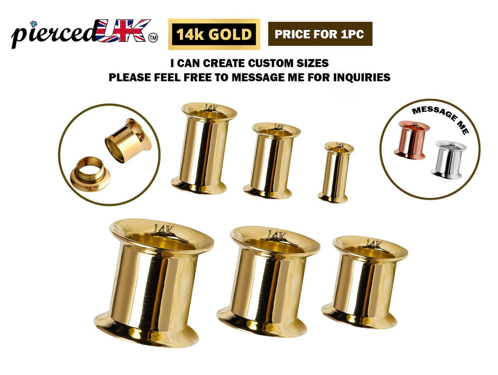 14K Gold Ear Stretching Plugs: Rose & White Gold Tunnels, 2G-00G