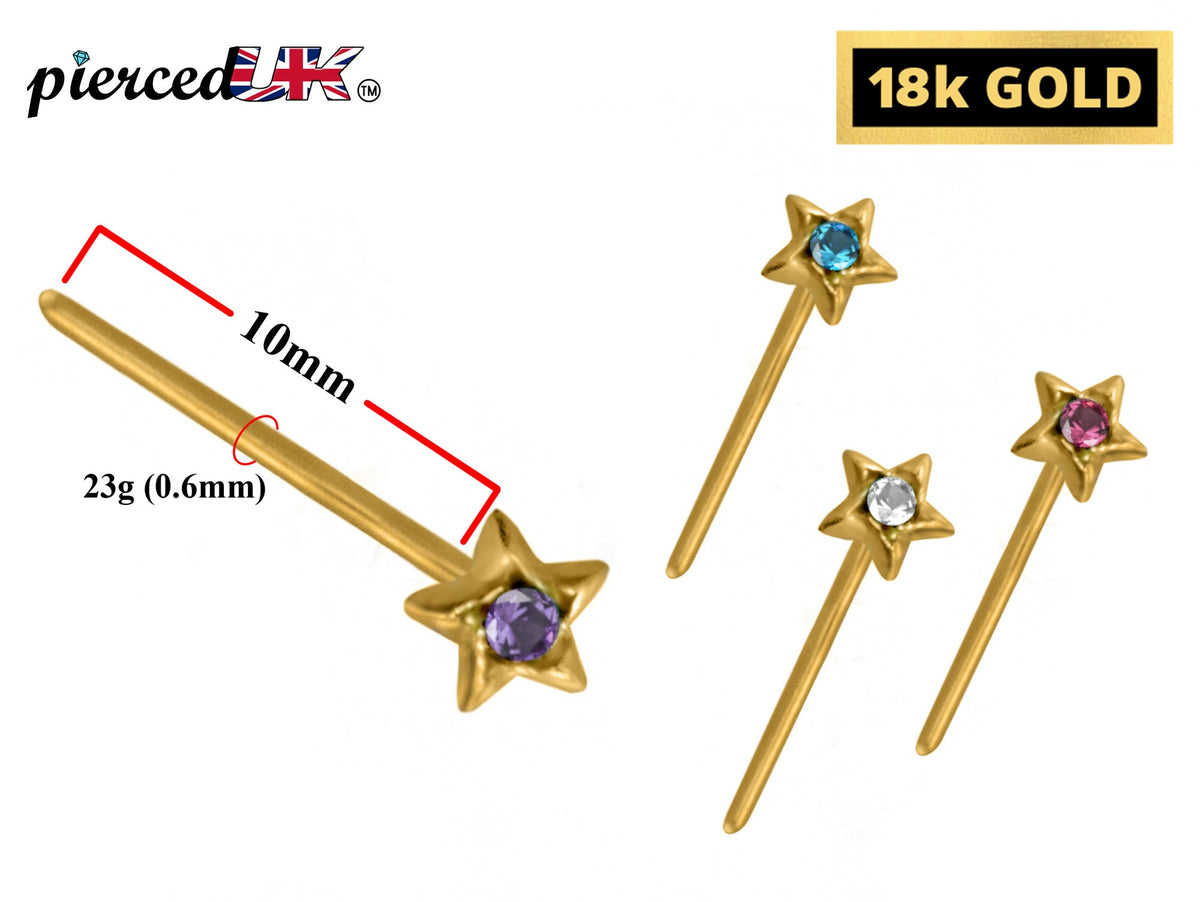 18K Gold Star Nose Pin: Crystal Accent, 23g