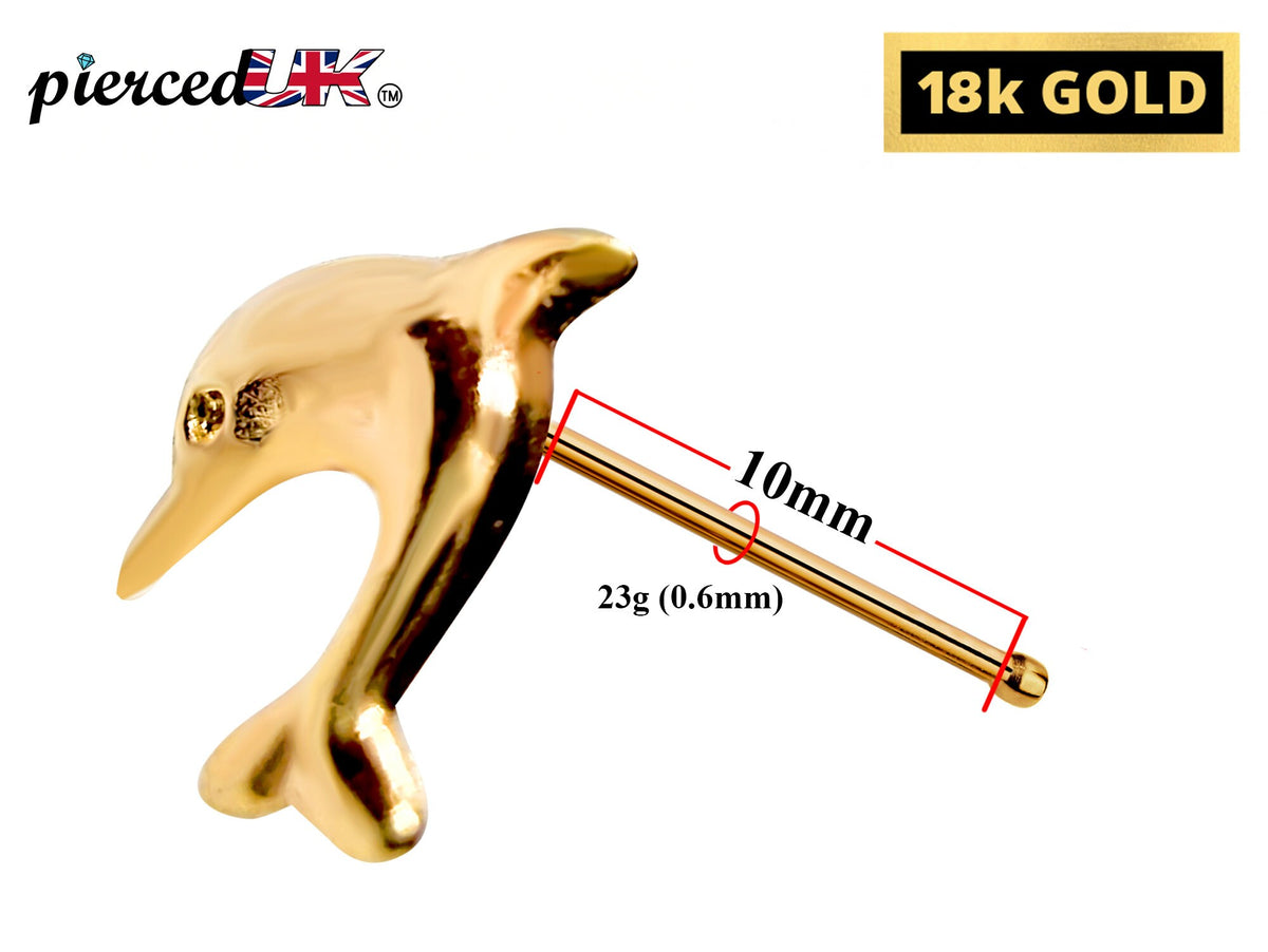 18K Gold Pin Dolphin Design - Finest Quality in Gold Nose Jewelry
