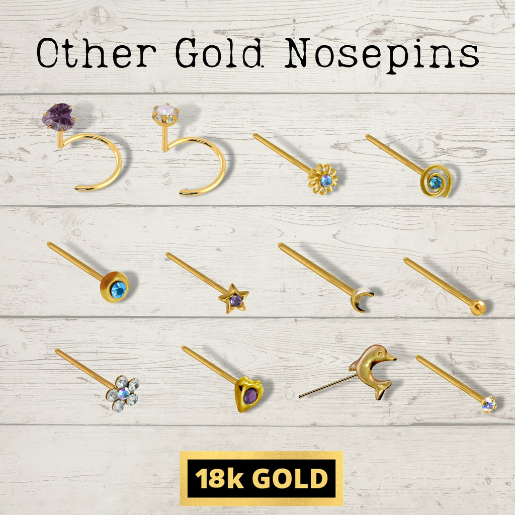 18K Gold Nose Pin: CZ Crystal Stud (23g)