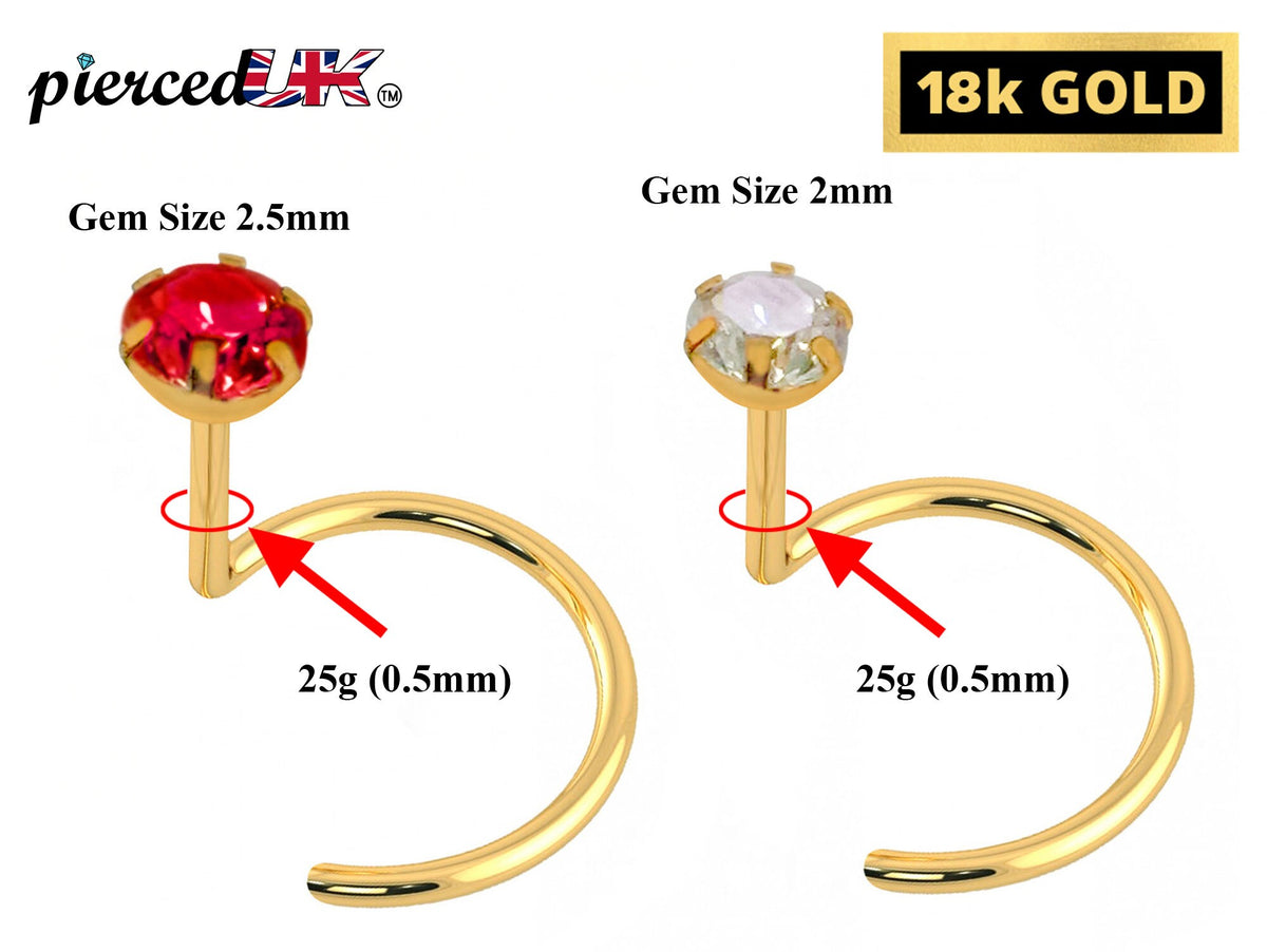 18K Gold Nose Ring: Hand-Set Crystal, 25g