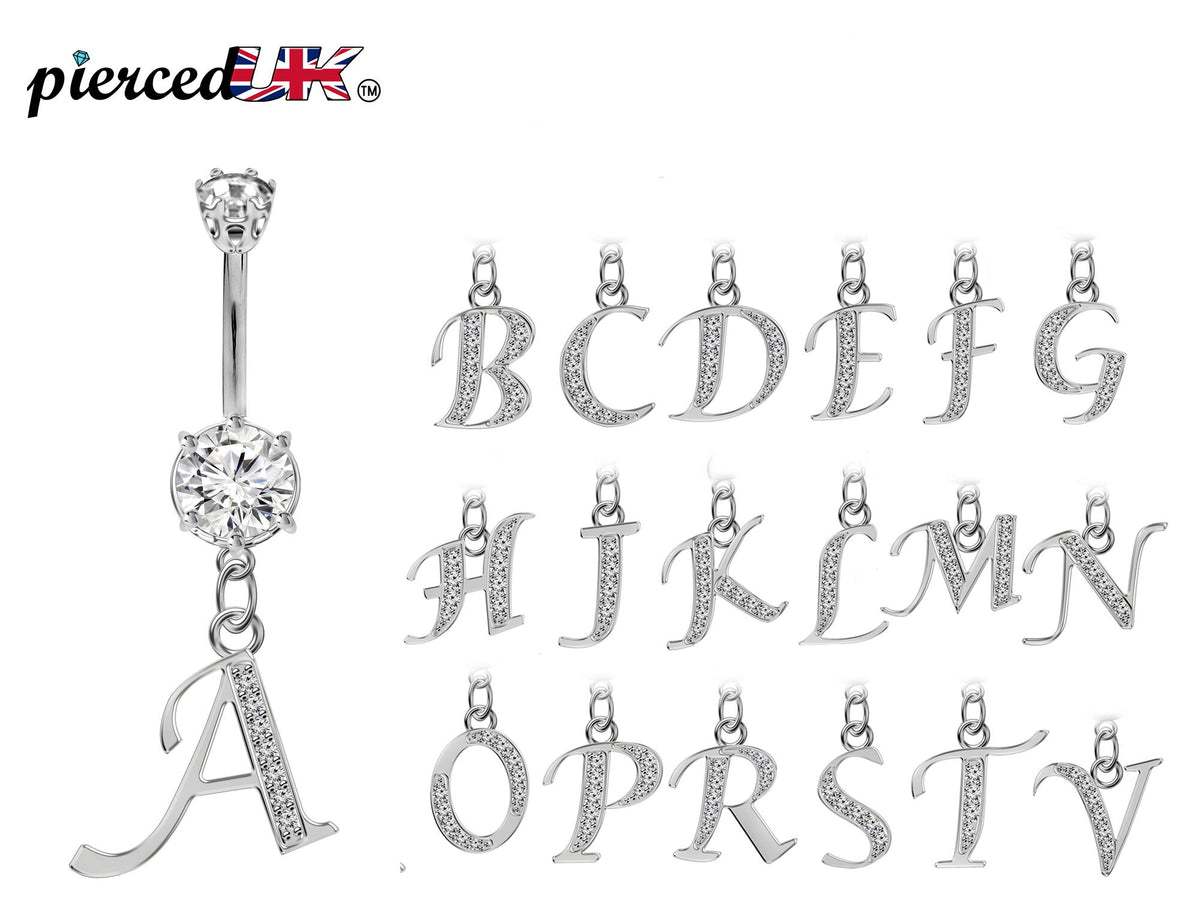 Initial Belly Ring: Sterling Silver Dangle, CZ Crystal, Alphabet A-Z