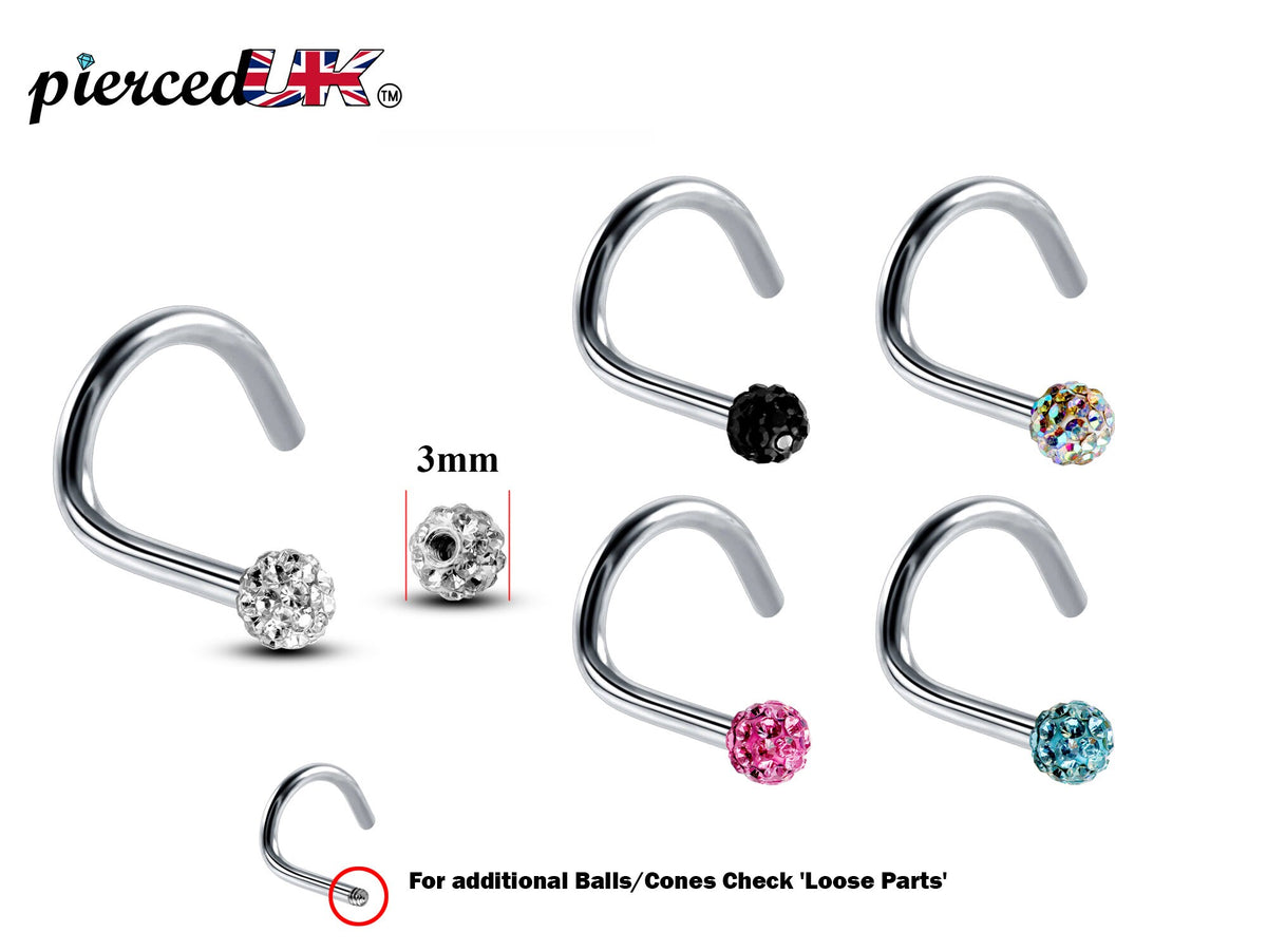 Ferido Crystal Nose Stud: Surgical Steel Nostril Screw Ring (18G, 16G)