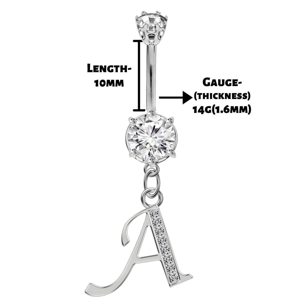 Initial Belly Ring: Sterling Silver Dangle, CZ Crystal, Alphabet A-Z
