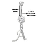 Initial Belly Ring: Sterling Silver Dangle, CZ Crystal, Alphabet A-Z