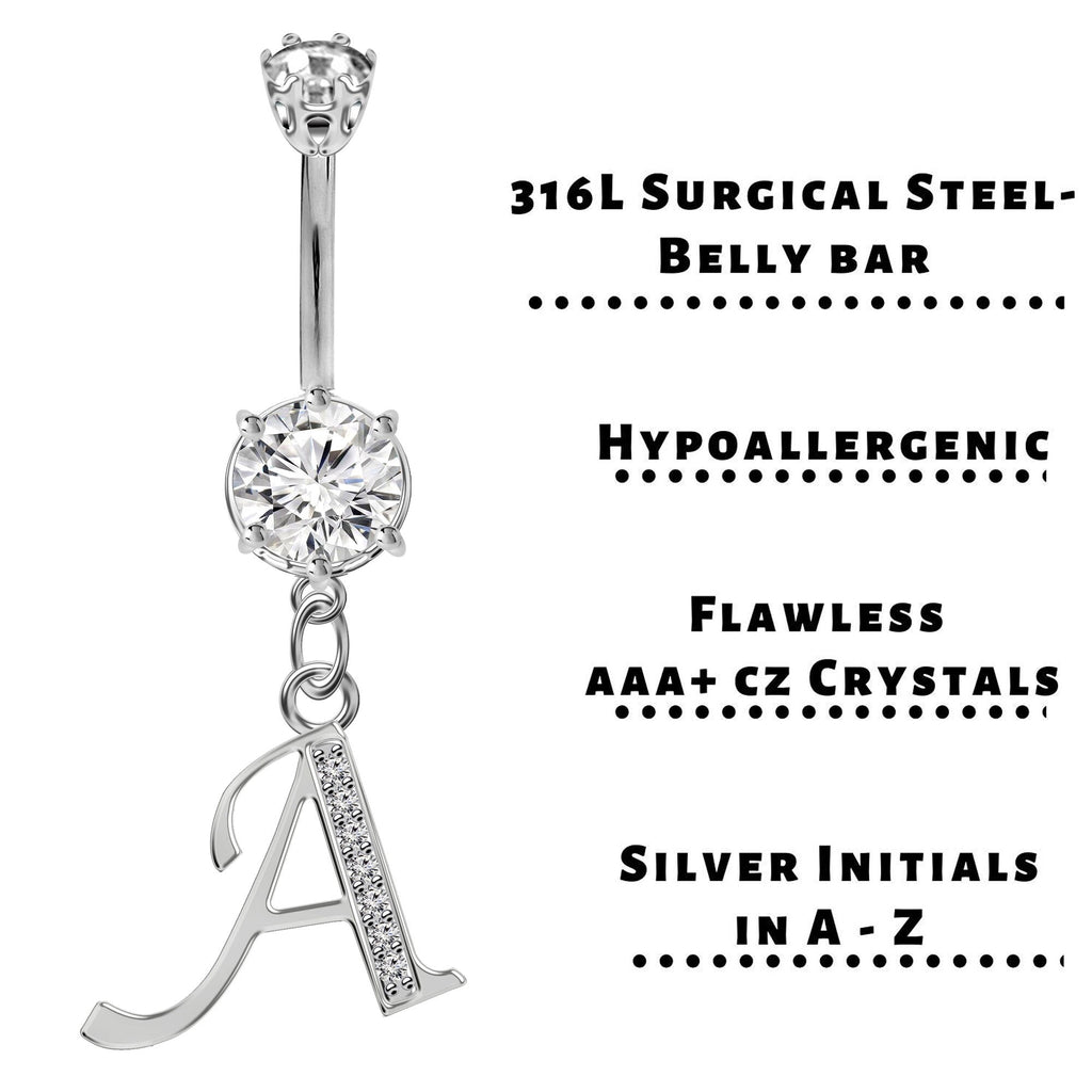 Initial Belly Ring: Sterling Silver Dangle, CZ Crystal, Alphabet A-Z
