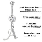 Initial Belly Ring: Sterling Silver Dangle, CZ Crystal, Alphabet A-Z