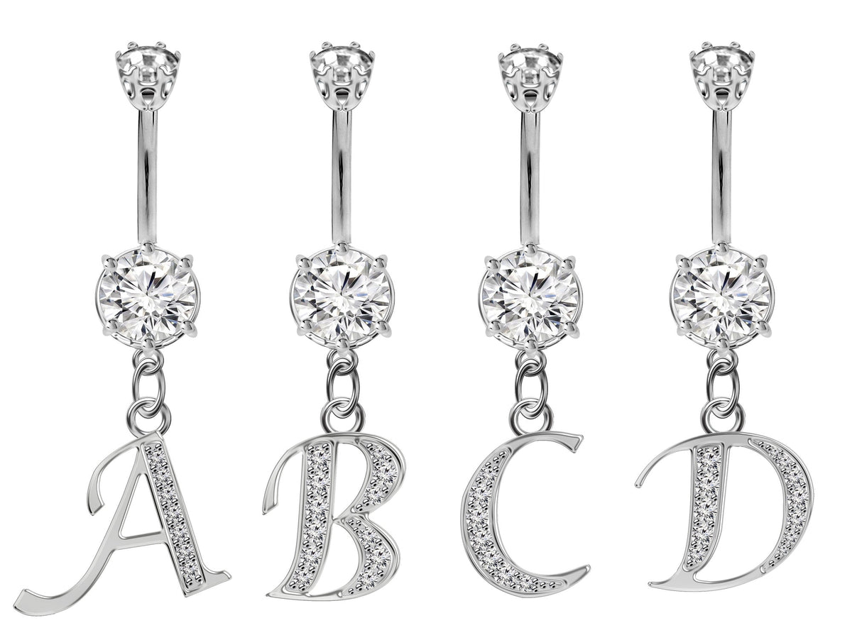 Initial Belly Ring: Sterling Silver Dangle, CZ Crystal, Alphabet A-Z