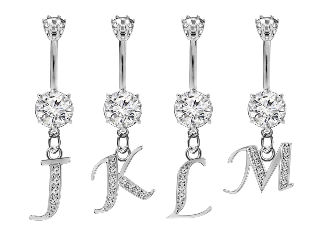 Initial Belly Ring: Sterling Silver Dangle, CZ Crystal, Alphabet A-Z