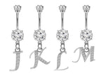 Initial Belly Ring: Sterling Silver Dangle, CZ Crystal, Alphabet A-Z