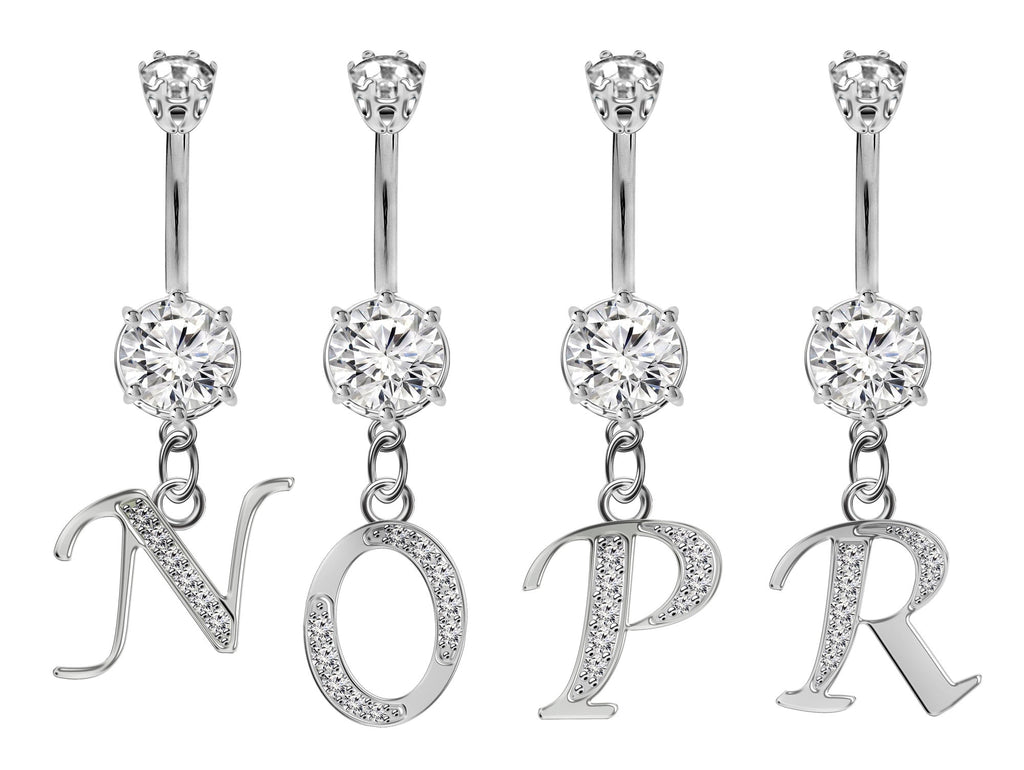 Initial Belly Ring: Sterling Silver Dangle, CZ Crystal, Alphabet A-Z