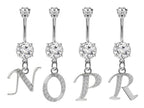 Initial Belly Ring: Sterling Silver Dangle, CZ Crystal, Alphabet A-Z