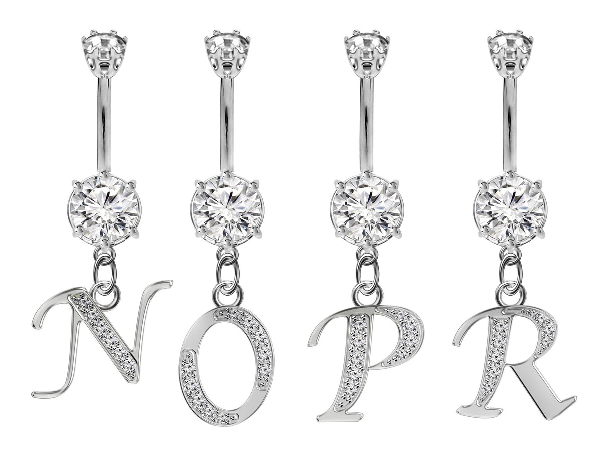 Initial Belly Ring: Sterling Silver Dangle, CZ Crystal, Alphabet A-Z