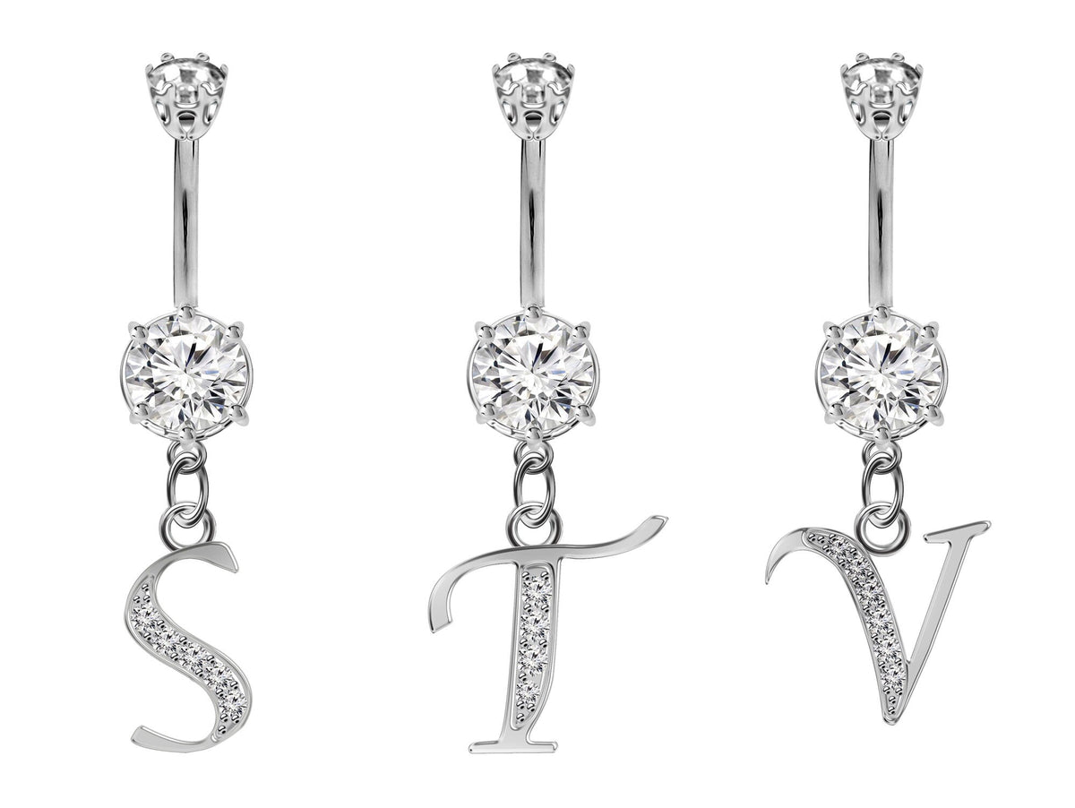 Initial Belly Ring: Sterling Silver Dangle, CZ Crystal, Alphabet A-Z
