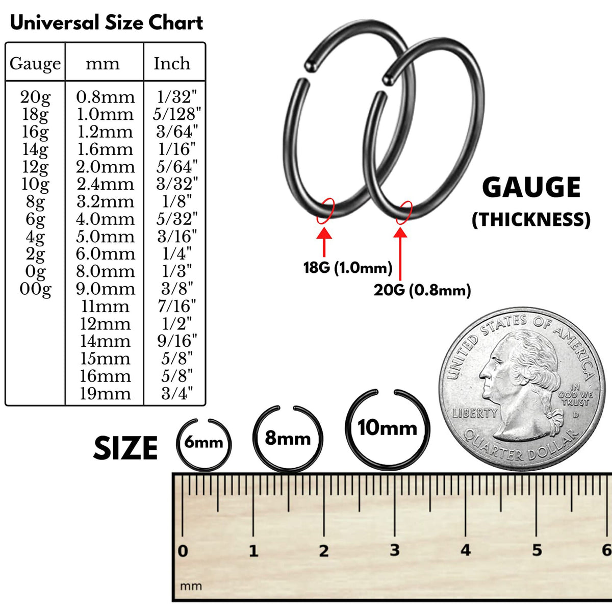 Surgical Steel Nose Ring Hoop: 18g/20g Piercing, Value Pack