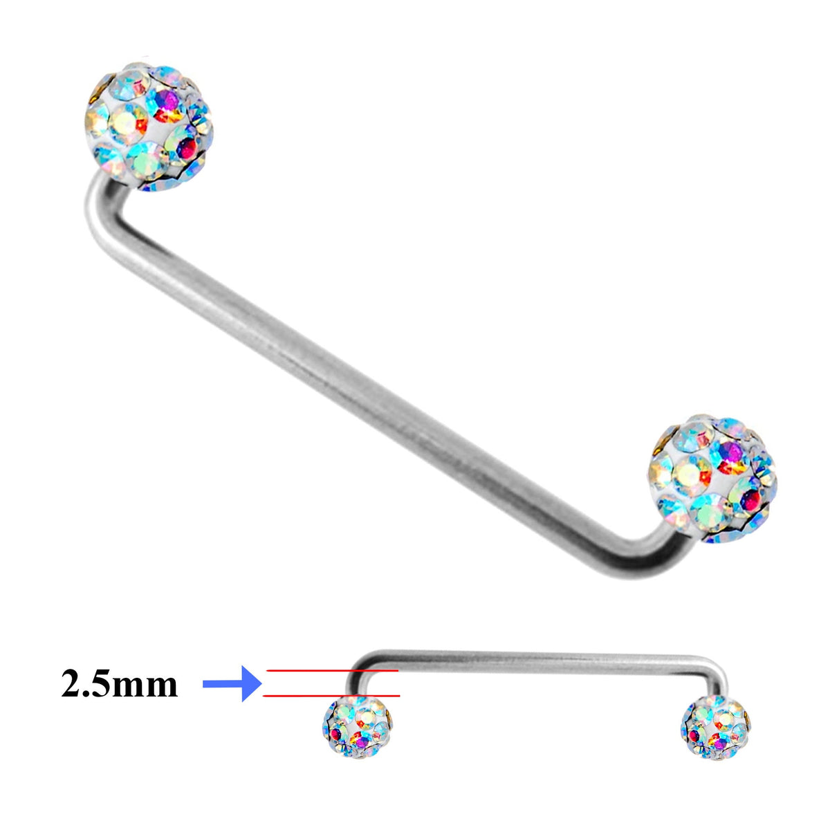 Dermal Piercing, Staple Barbell - Surface Barbell with Disco Ball Top Gem Multi Crystal