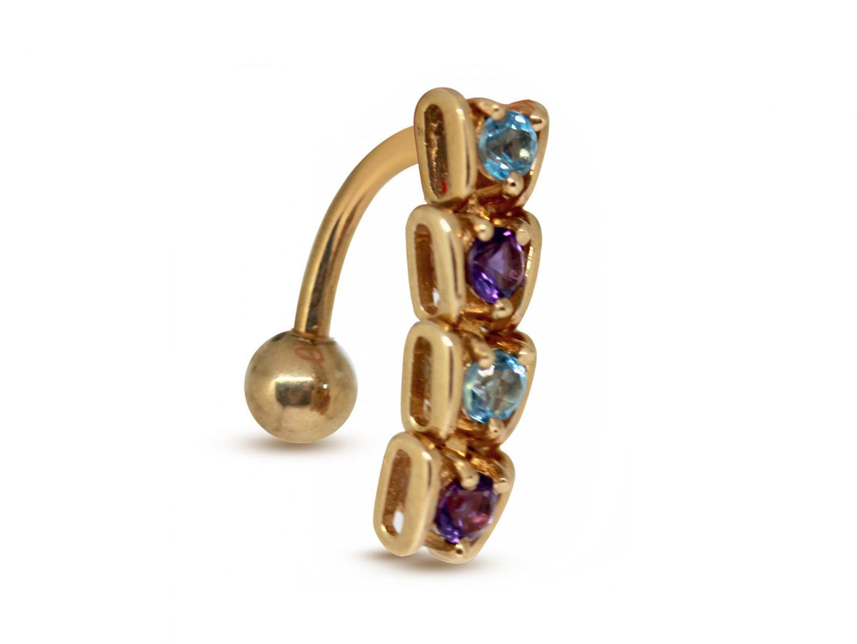 14K Gold Belly Ring: Moving Parts, Amethyst & Aquamarine Navel Bar