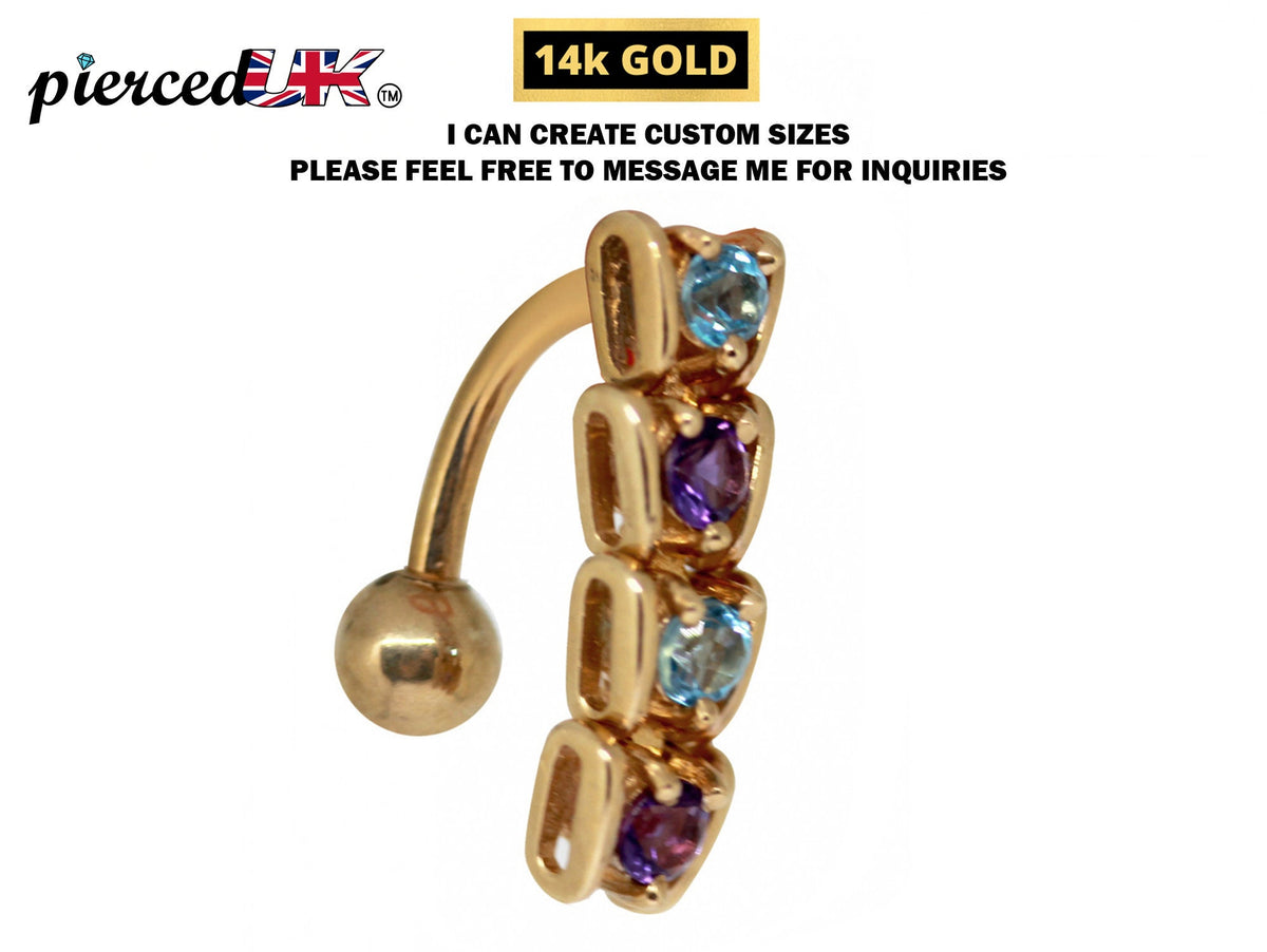 14K Gold Belly Ring: Moving Parts, Amethyst & Aquamarine Navel Bar
